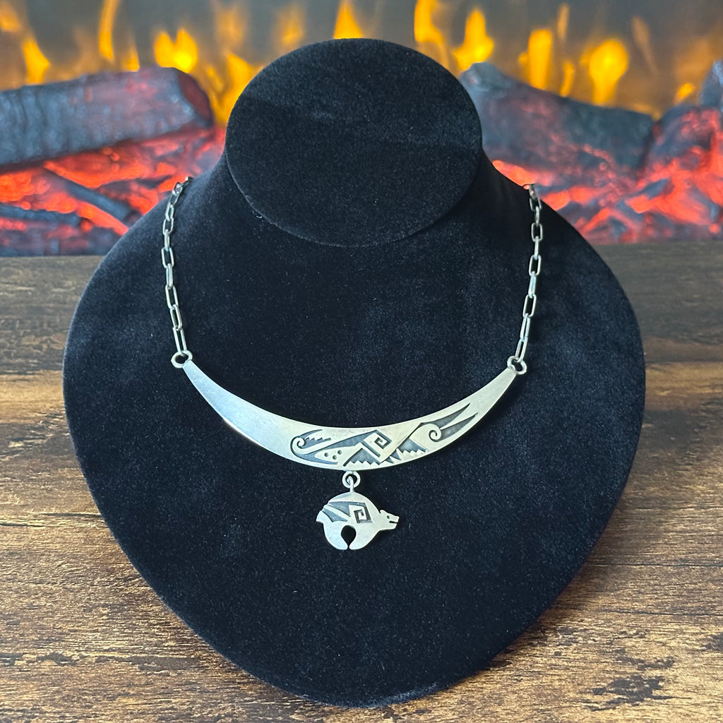 DL Signed Sterling Overlay Bear Pendant Statement Necklace
