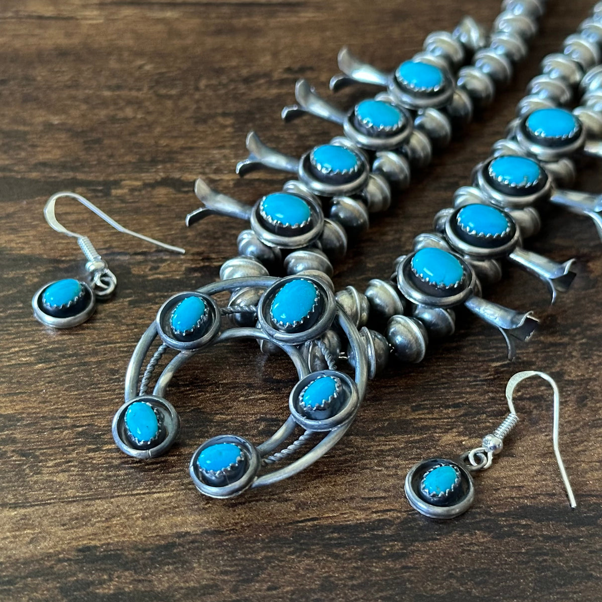 Navajo Phil & Lenora Garcia Sleeping Beauty Turquoise 13 Stone Sterling Oxidized Squash Blossom Necklace Earrings Set