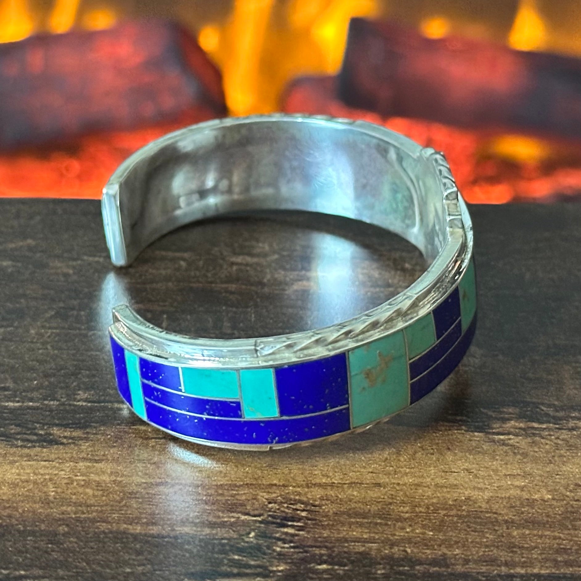 Zuni Rickell & Glendora Booqua Turquoise Lapis Sterling Wraparound Inlay Cuff