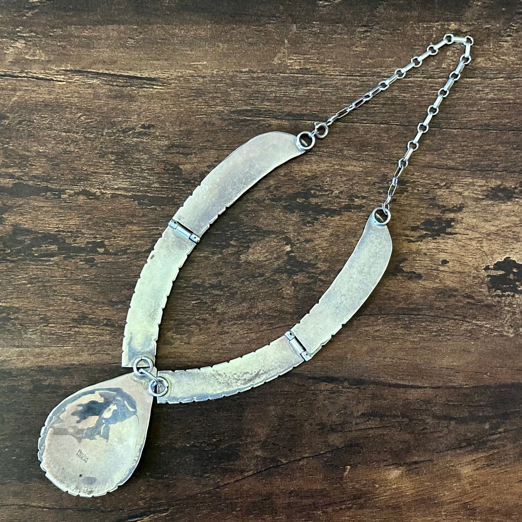 Navajo Carlos Signed Mother of Pearl 34 Stone Sterling Teardrop Cluster Statement Necklace