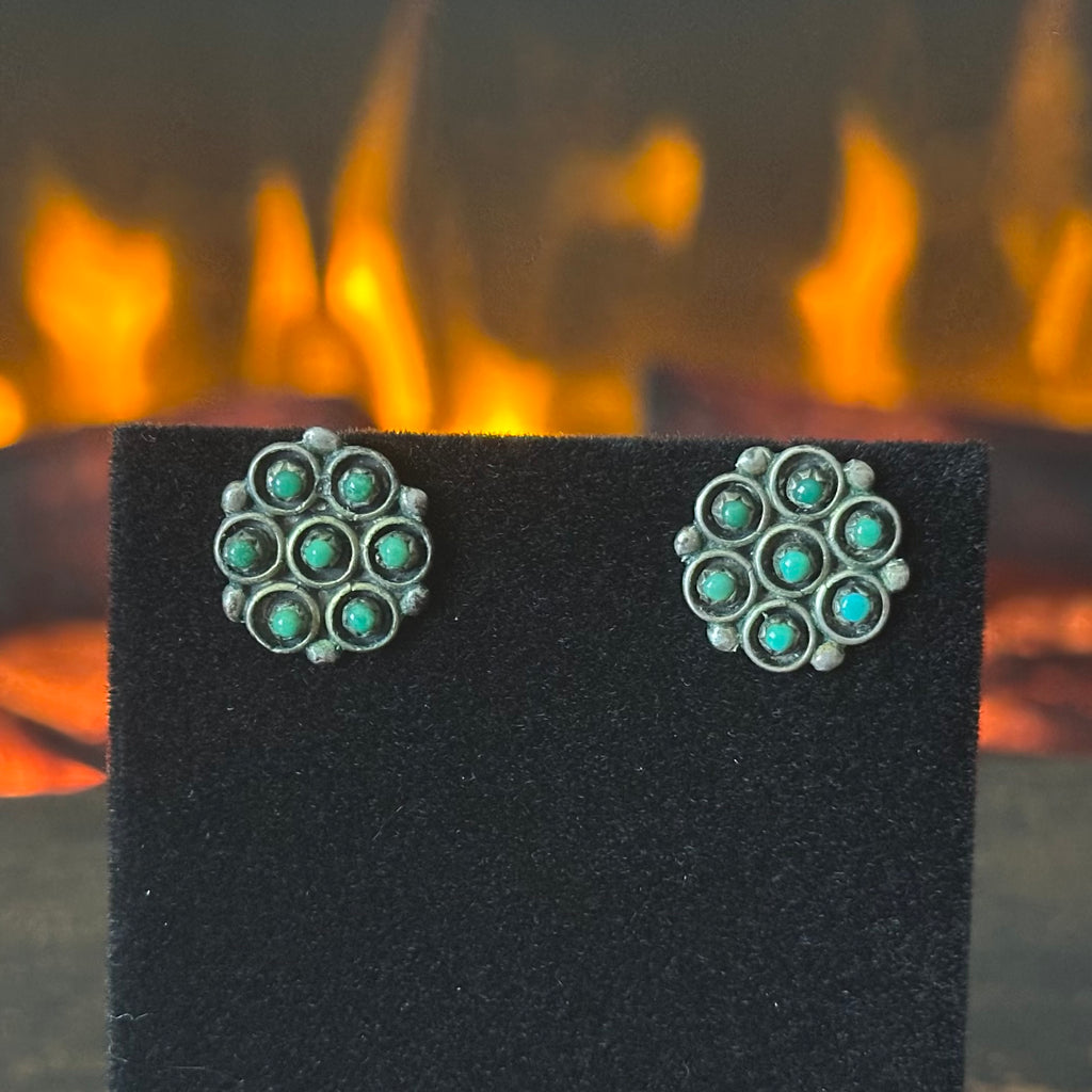 Turquoise 14 Stone Sterling Snake Eye Shadowbox Floral Raindrop Stud Earrings