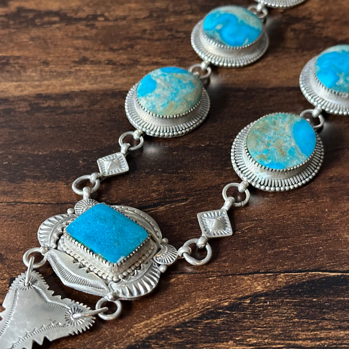 Turquoise 11 Stone Sterling Hand Stamped Lariat Statement Necklace
