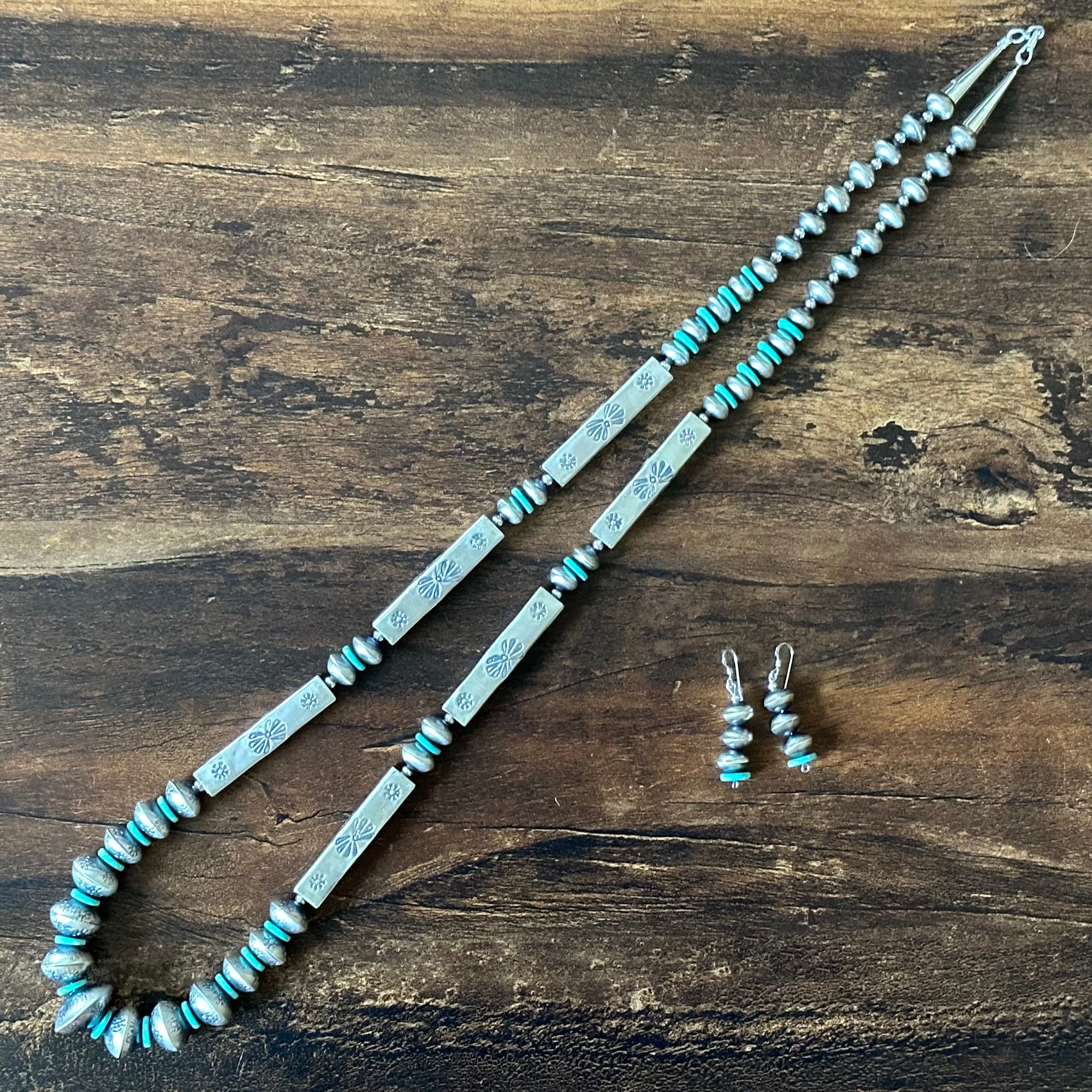 Navajo Tysha Aparicio Turquoise Sterling Handmade Rectangular Bead Stamped Necklace Earrings Set