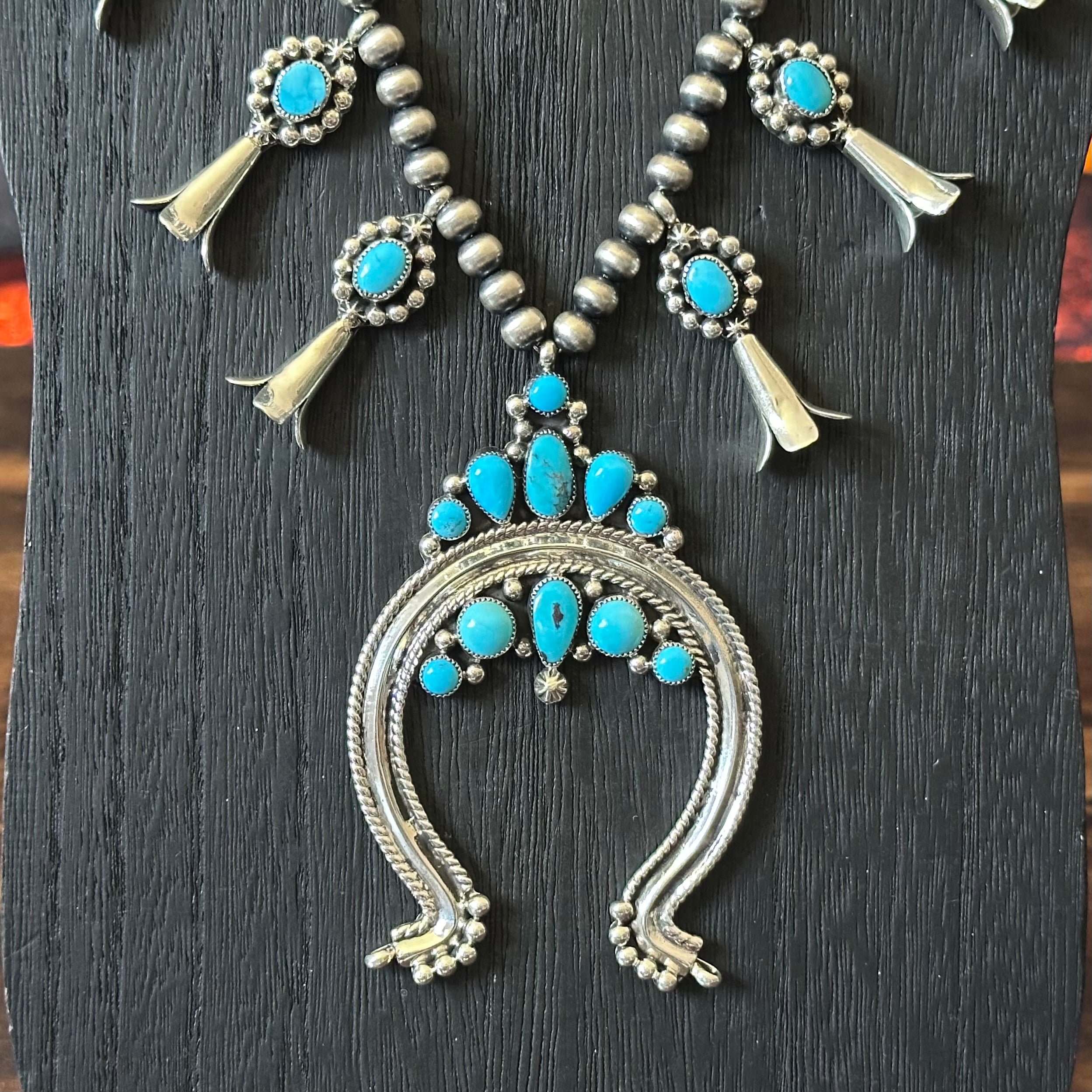 Navajo Jimmy Garcia Turquoise 19 Stone Sterling Raindrop Squash Blossom