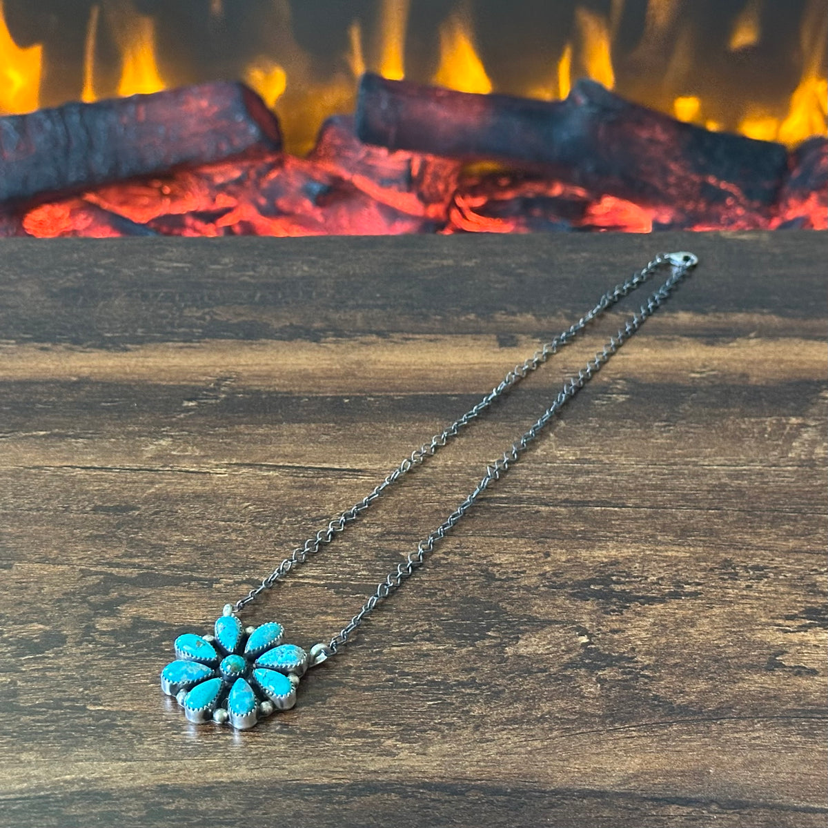 Navajo Tricia Smith Turquoise 9 Stone Sterling Floral Cluster Pendant Necklace