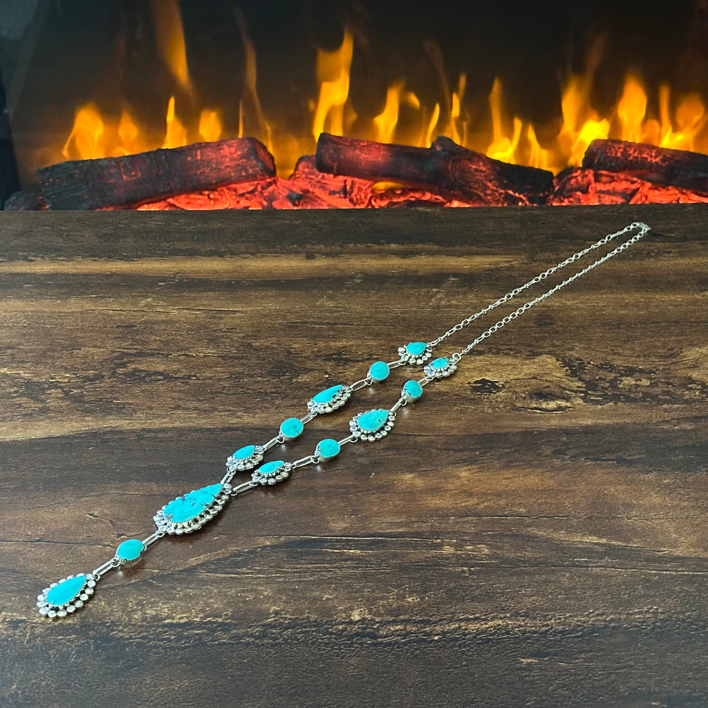 Navajo P.A. Smith Turquoise 13 Stone Sterling Lariat Statement Necklace