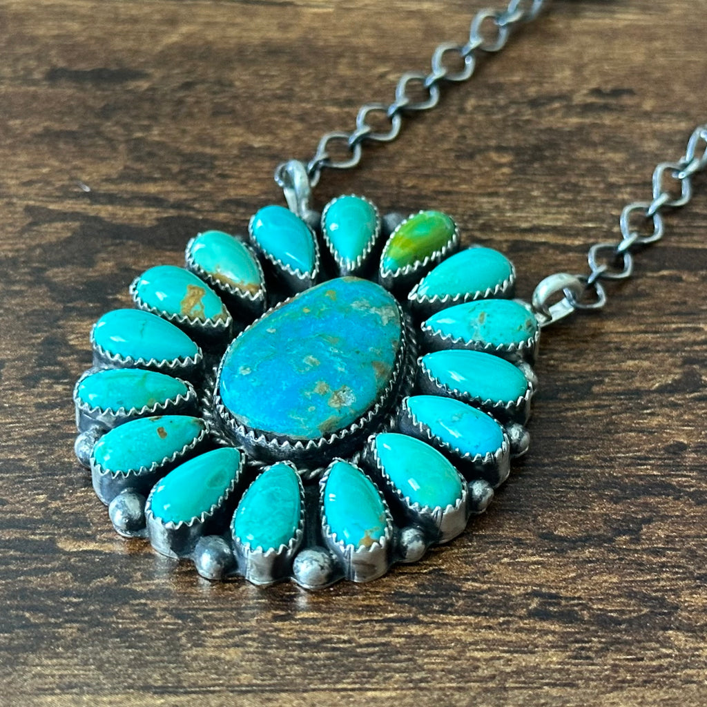 Navajo Effie Garfield Kingman Turquoise 17 Stone Sterling Cluster Raindrop Pendant Necklace
