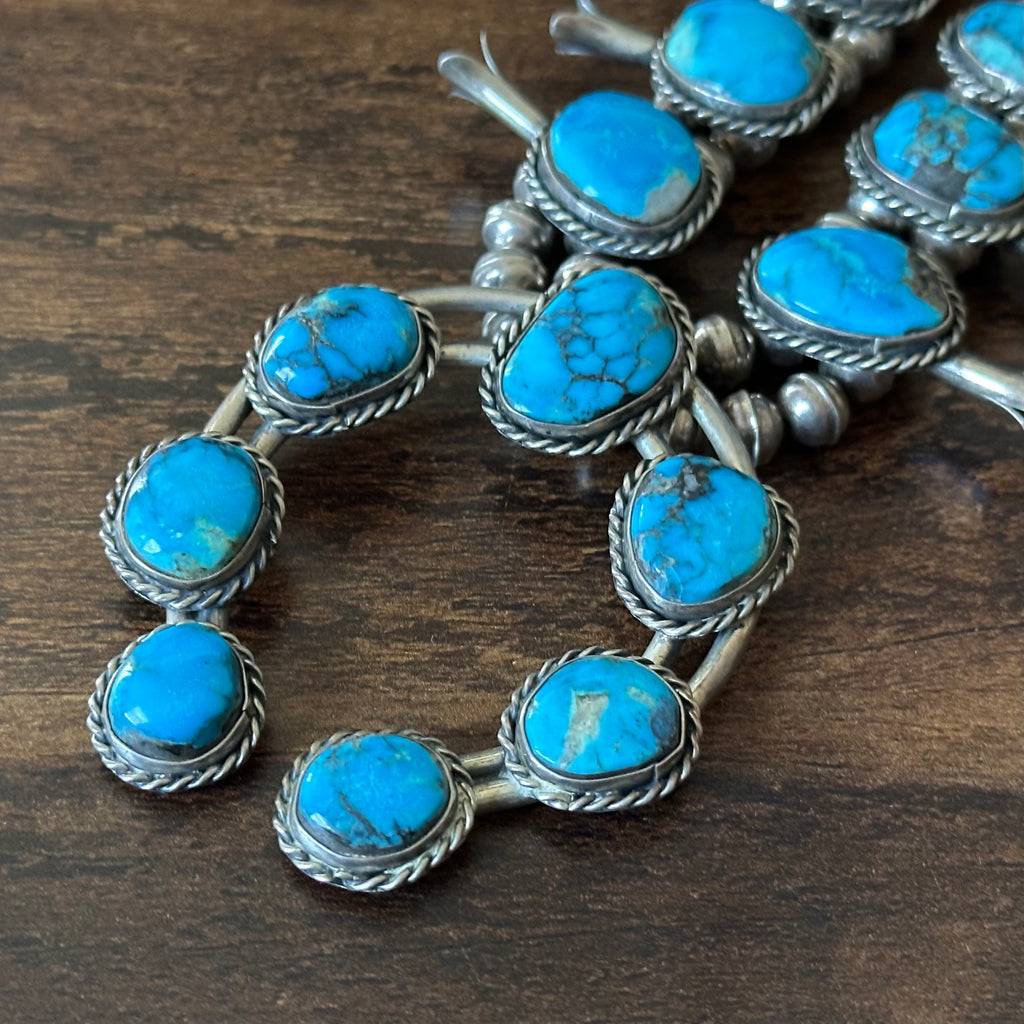Vintage Turquoise 17 Stone Sterling Twist Wire Bezel Squash Blossom