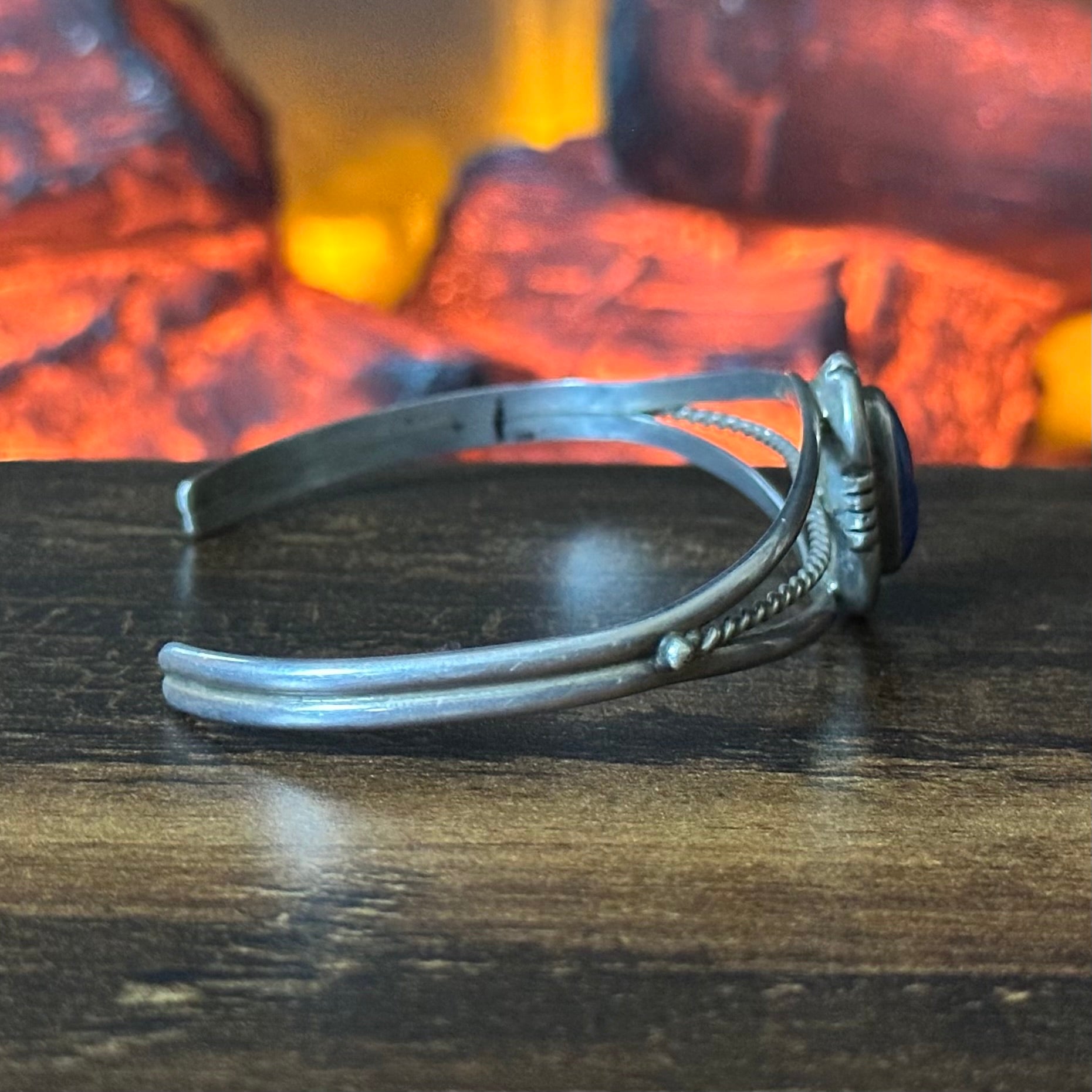 Navajo Leonard & Marian Nez Signed Lapis Sterling Shadowbox Twist Wire Cuff