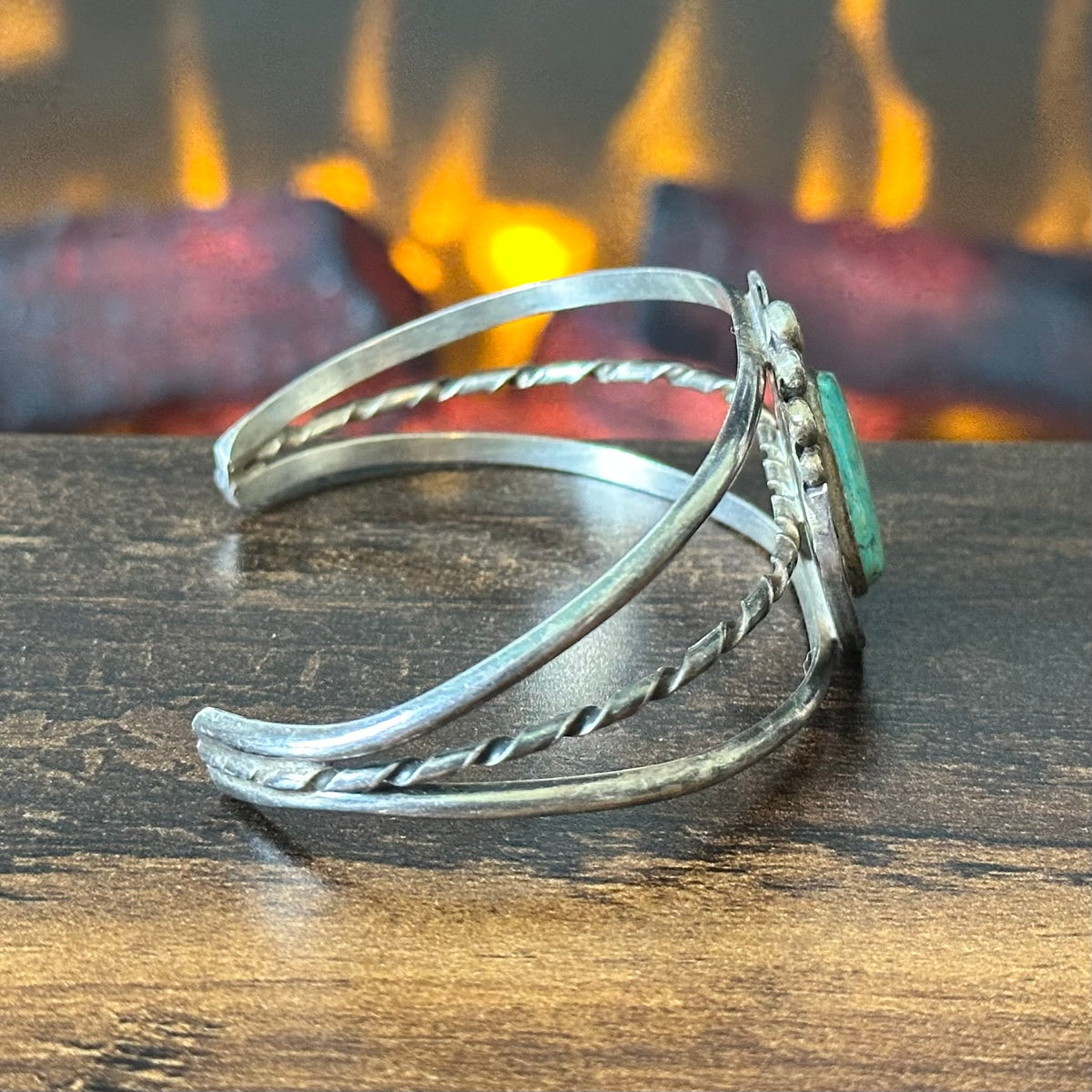 Vintage Turquoise Sterling Hand Stamped Twist Wire Bezel Triple Shank Cuff