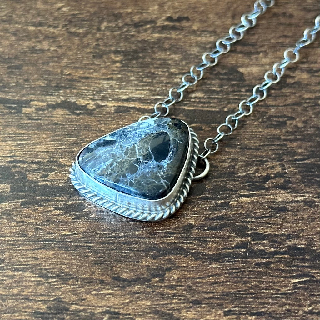 Navajo Hiram Largo White Buffalo Sterling Twist Wire Bezel Triangle Pendant Necklace