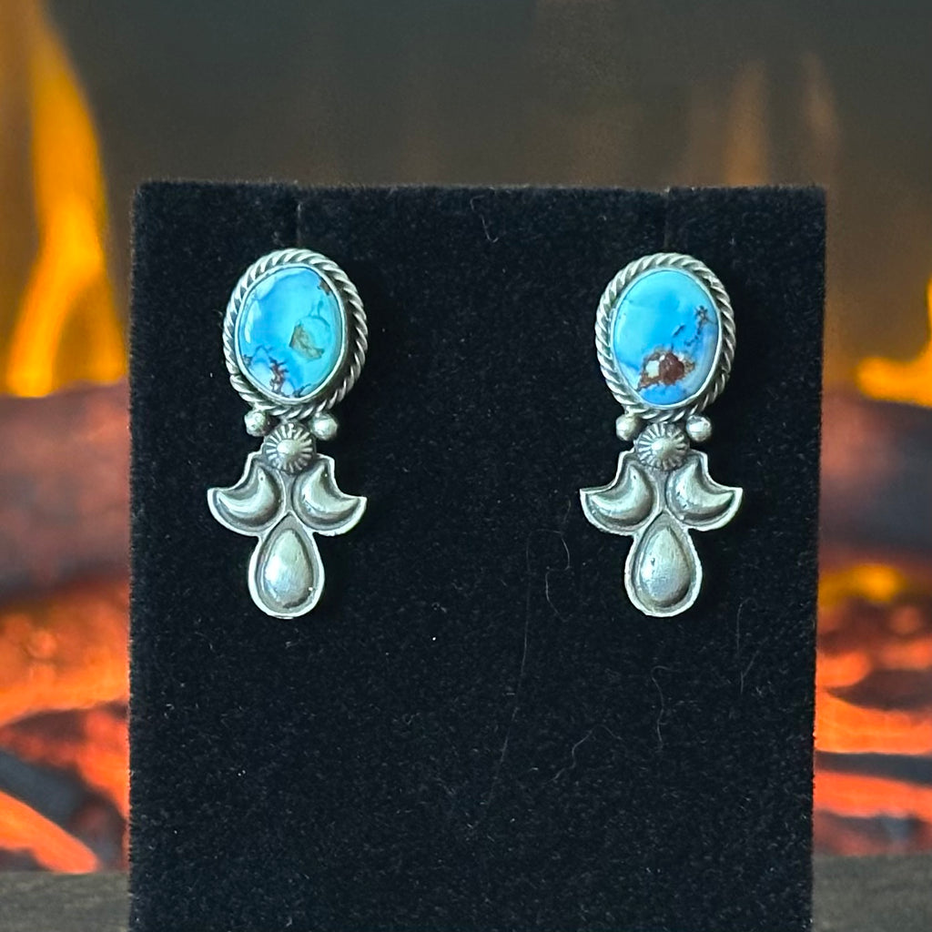 Navajo Adrienne Gordon Golden Hills Turquoise 9 Stone Sterling Hand Stamped Squash Blossom Necklace Earrings Set