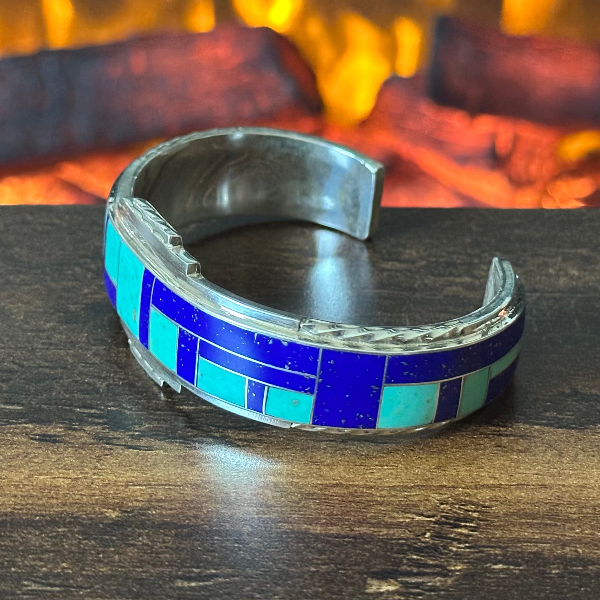 Zuni Rickell & Glendora Booqua Turquoise Lapis Sterling Wraparound Inlay Cuff