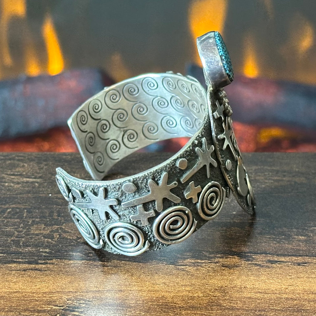 Navajo Alex Sanchez Webbed Turquoise Sterling Petroglyph Hand Stamped Statement Cuff