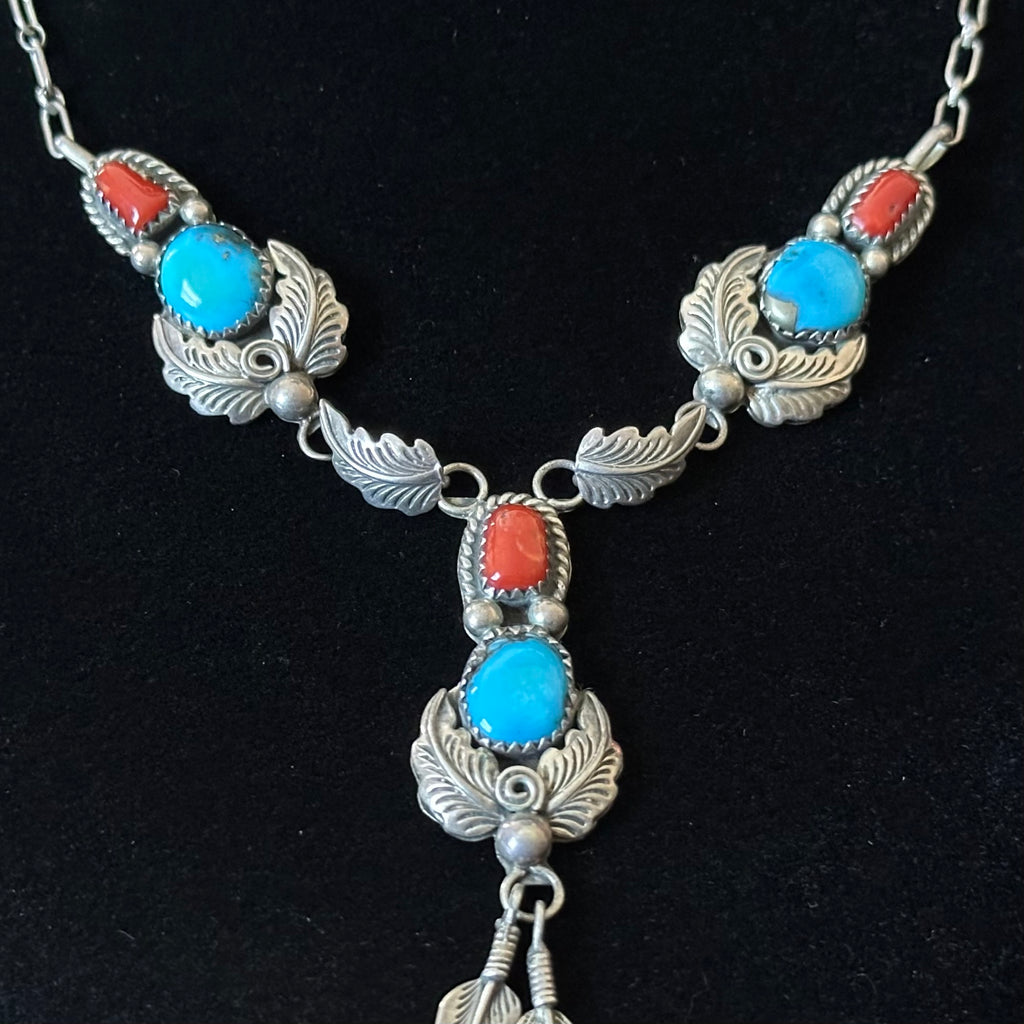 R. Wylie Signed Turquoise Red Coral 6 Stone Sterling Feather Necklace