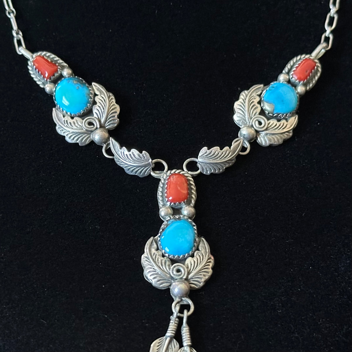 R. Wylie Signed Turquoise Red Coral 6 Stone Sterling Feather Necklace