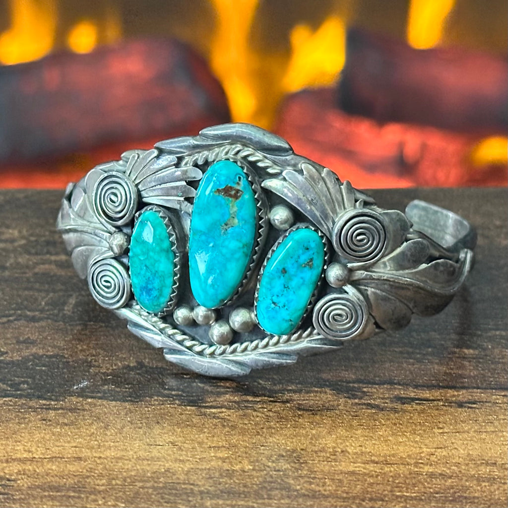 Navajo Ray Yazzie Turquoise 3 Stone Sterling Twist Wire Ornate Leaf Cuff