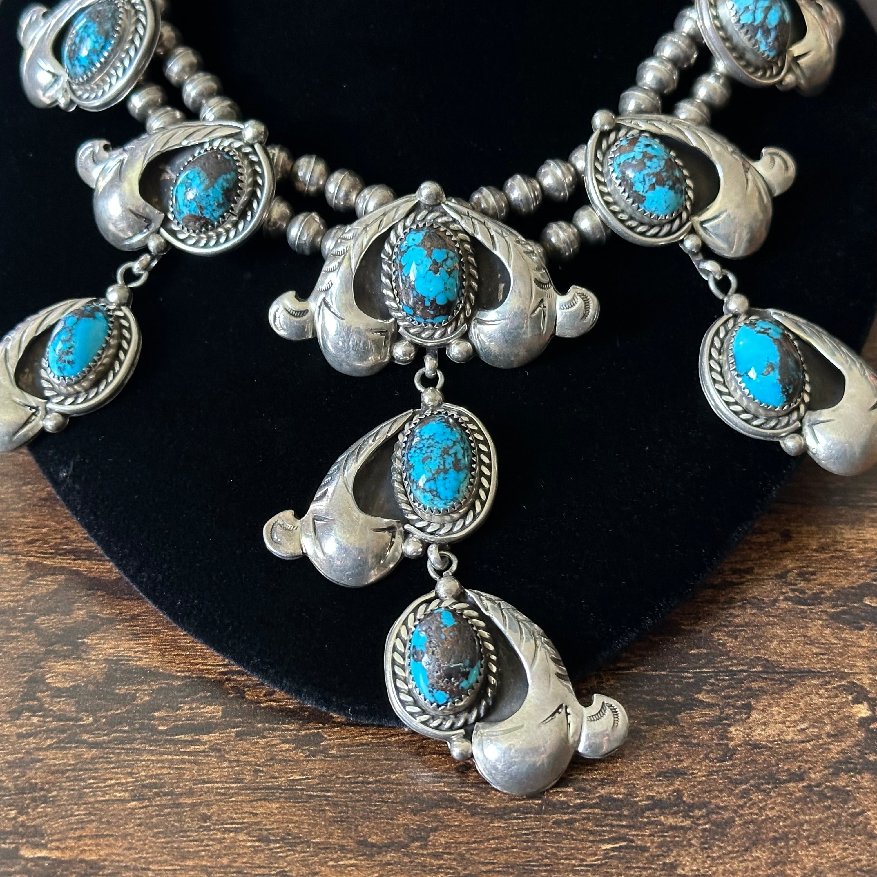 State Line Indian Jewelry Webbed Turquoise 9 Stone Sterling Hand Stamped Twist Wire Bezel Statement Necklace