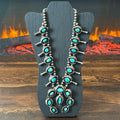 1970-80s Turquoise 20 Stone Sterling Leaf Shadowbox Squash Blossom
