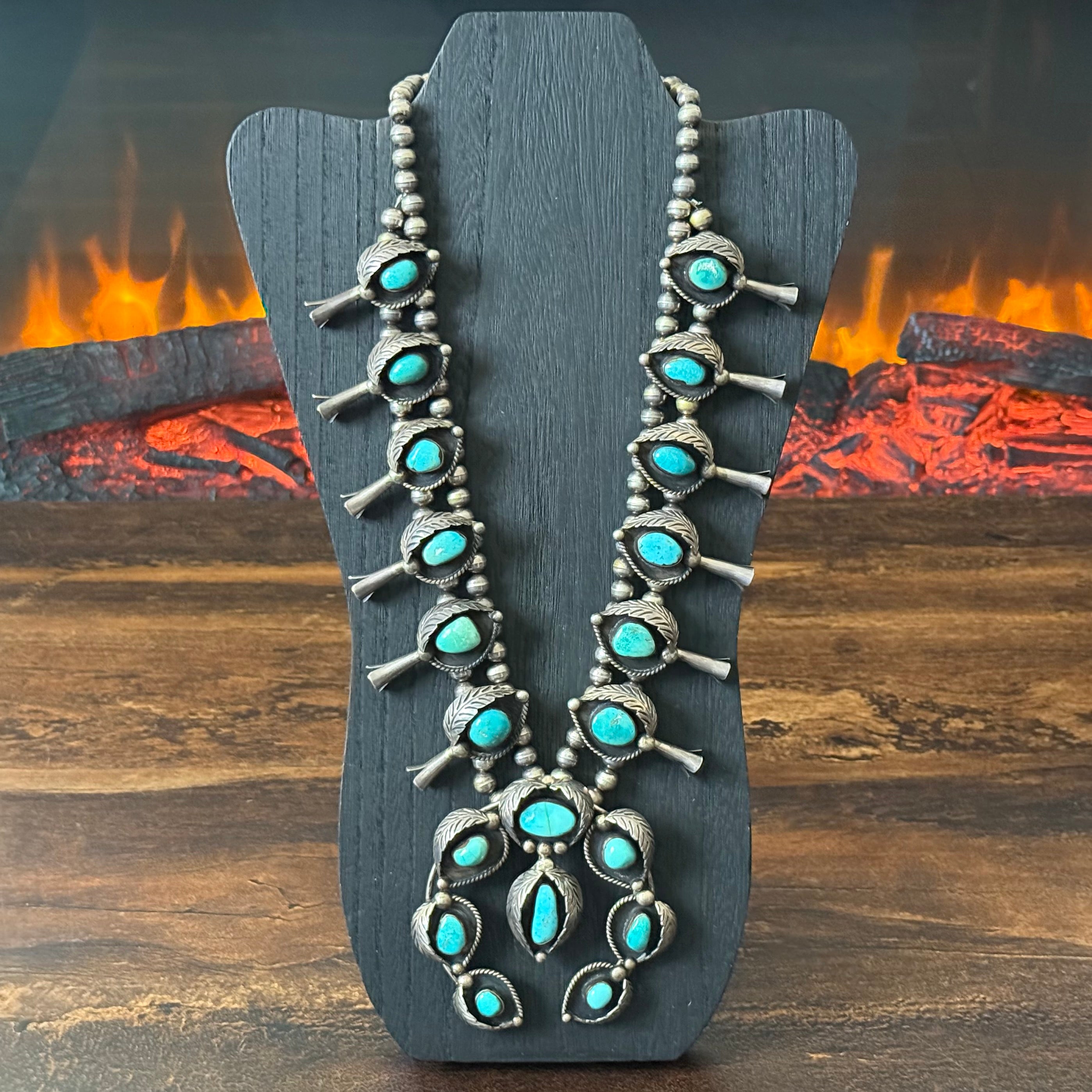 1970-80s Turquoise 20 Stone Sterling Leaf Shadowbox Squash Blossom