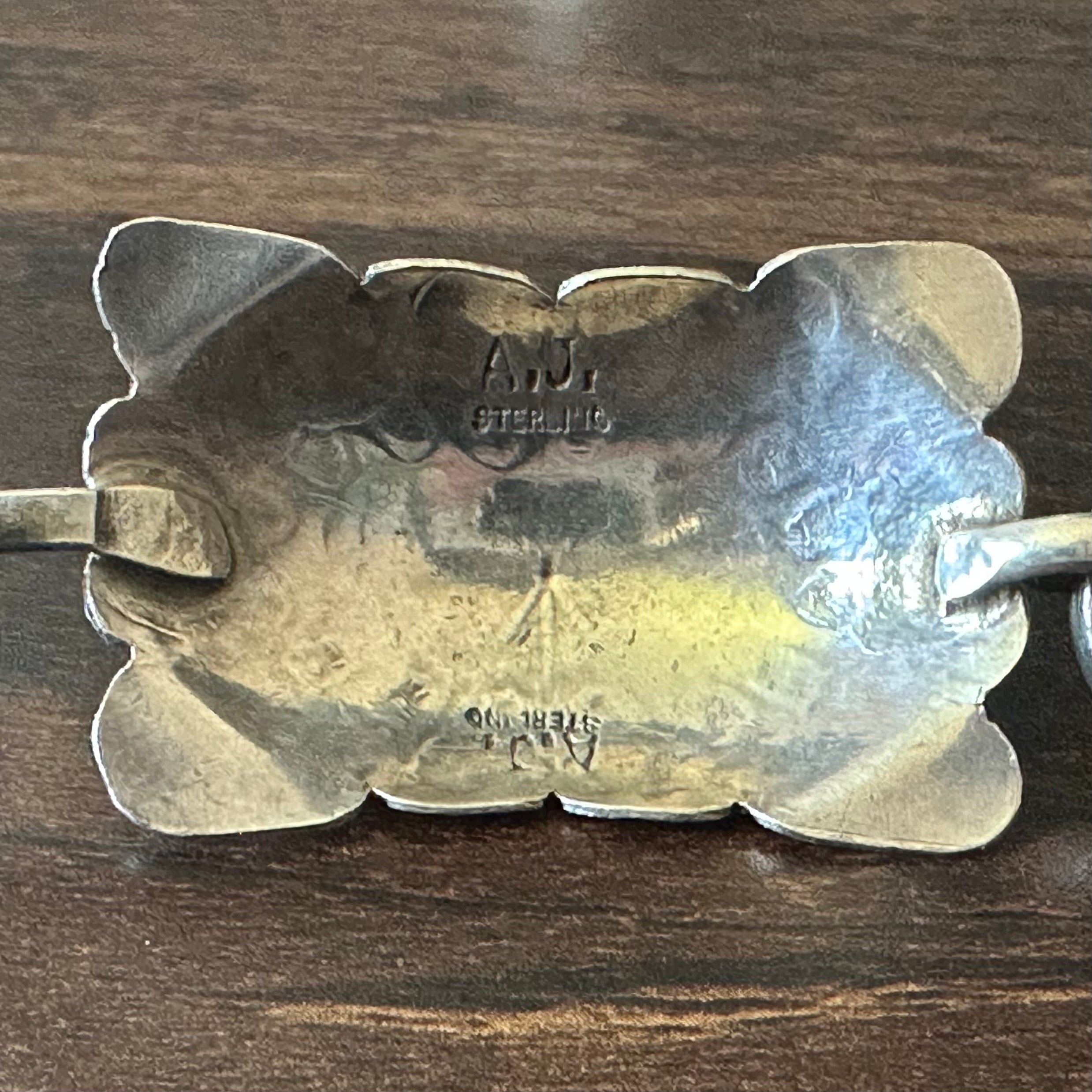 A.J. Signed Turquoise Double Stone 18 Sterling Concho Hand Stamped Belt