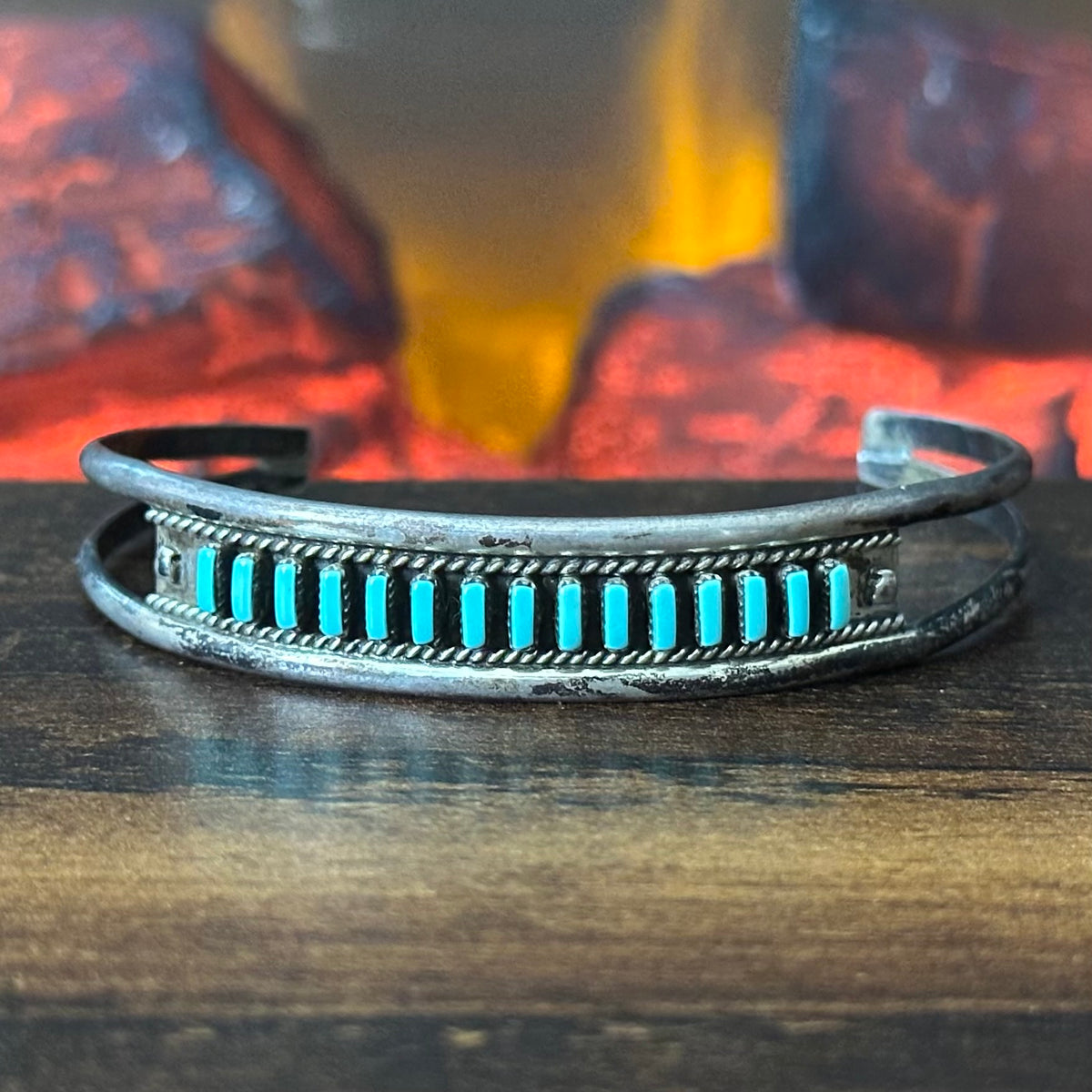 AB Signed Vintage Turquoise 15 Stone Sterling Needlepoint Twist Wire Stacker Cuff