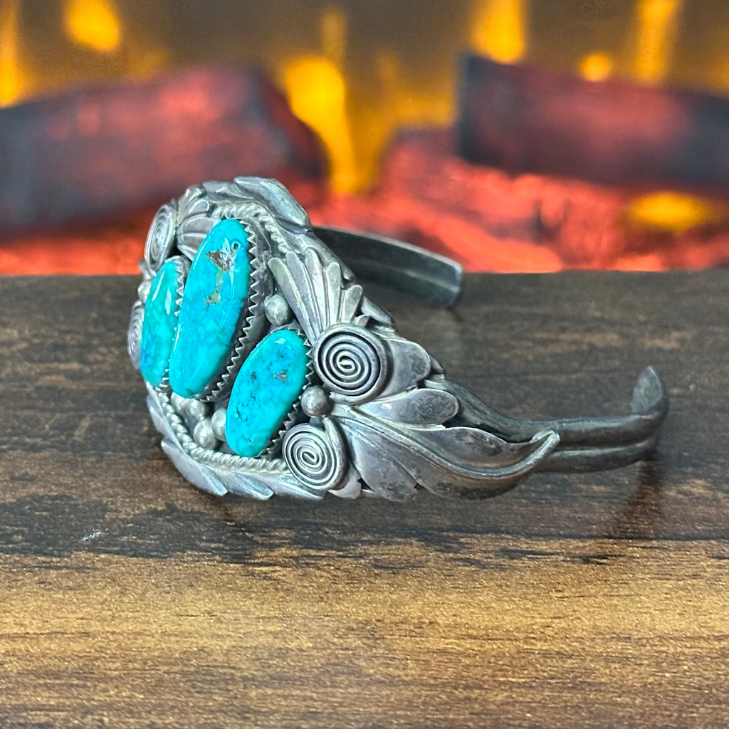 Navajo Ray Yazzie Turquoise 3 Stone Sterling Twist Wire Ornate Leaf Cuff