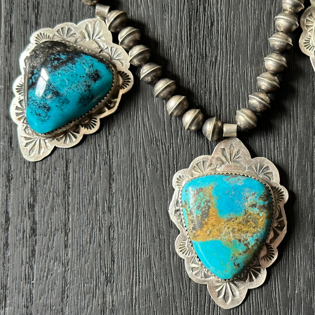 Pueblo Jacob Troncosa Turquoise 5 Stone Sterling Hand Stamped Pendant Station Necklace