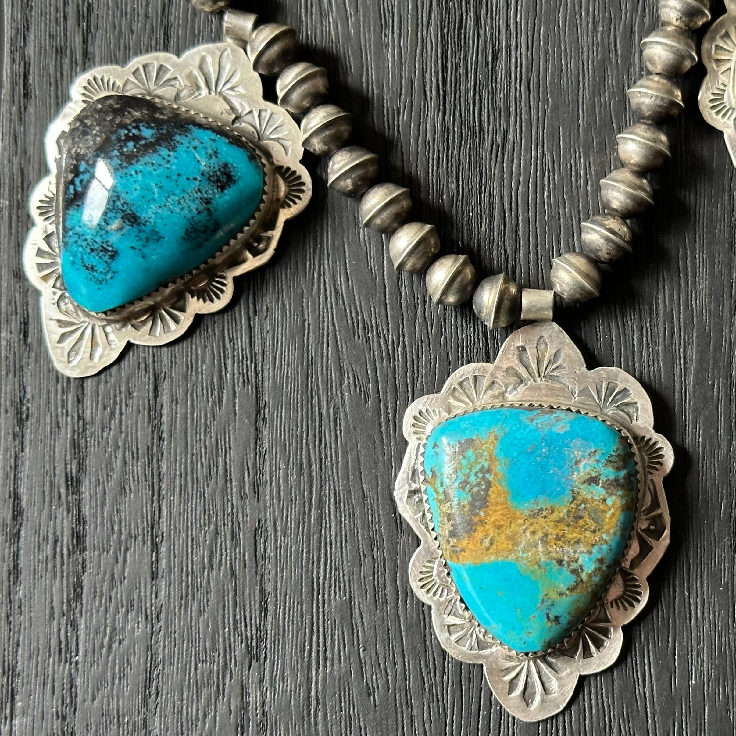 Pueblo Jacob Troncosa Turquoise 5 Stone Sterling Hand Stamped Pendant Station Necklace