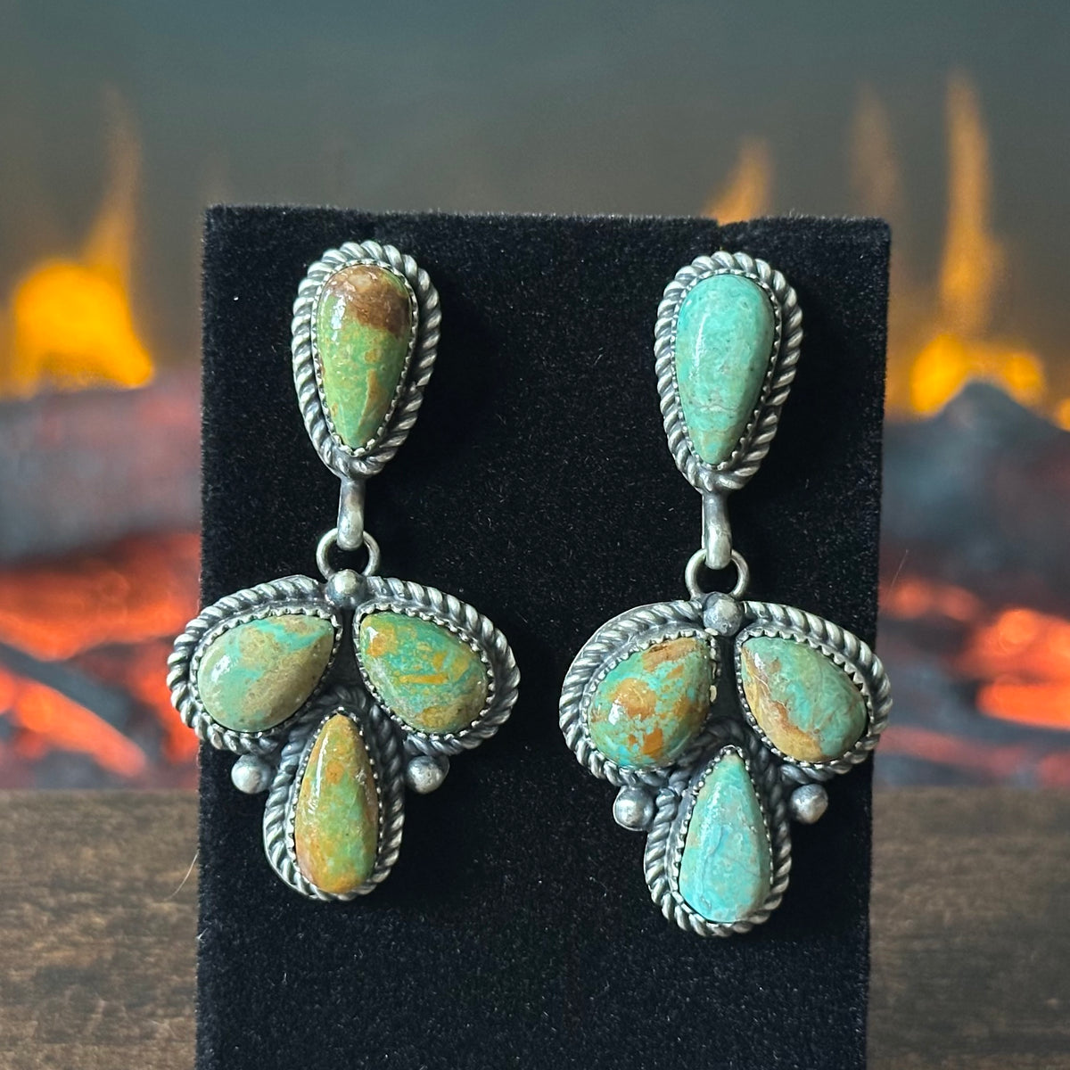 Navajo Pansy Johnson Royston Turquoise 23 Stone Sterling Hand Stamped Cluster Statement Necklace Earrings Set