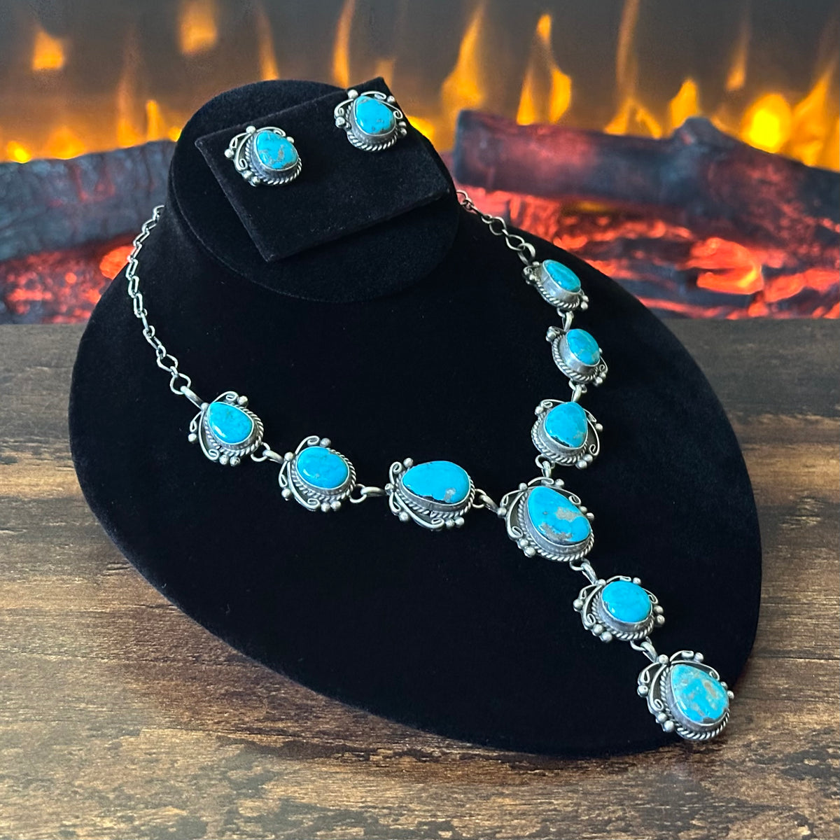 Navajo Freda Martinez 9 Stone Kingman Turquoise Sterling Twist Wire Raindrop Lariat Necklace Earrings Set