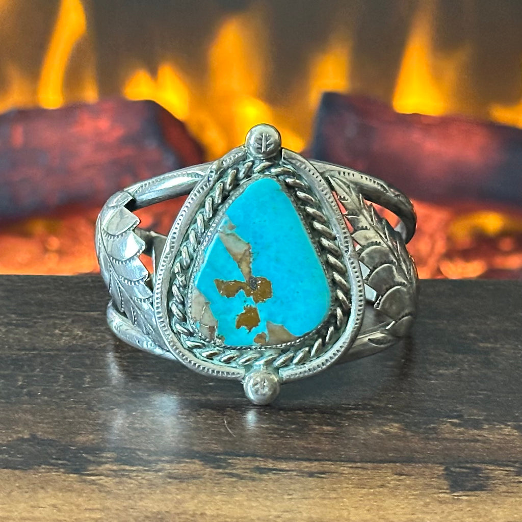 Turquoise Sterling Twist Wire Bezel Hand Stamped Leaf Statement Cuff