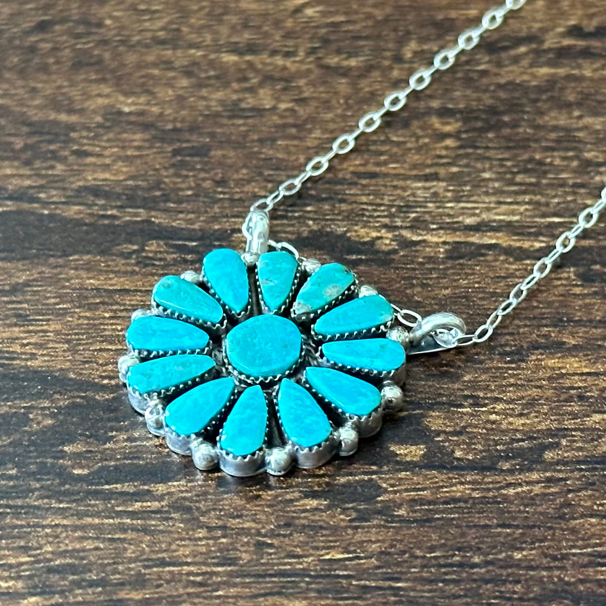 Navajo Jimmy Garcia Kingman Turquoise 13 Stone Sterling Petite Point Cluster Pendant Necklace