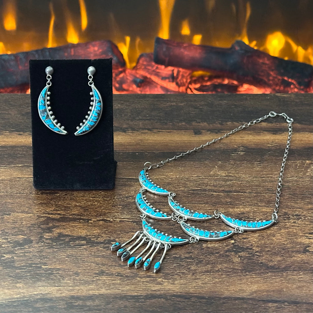 Vintage Turquoise Sterling Crescent Inlay Statement Necklace Earrings Set