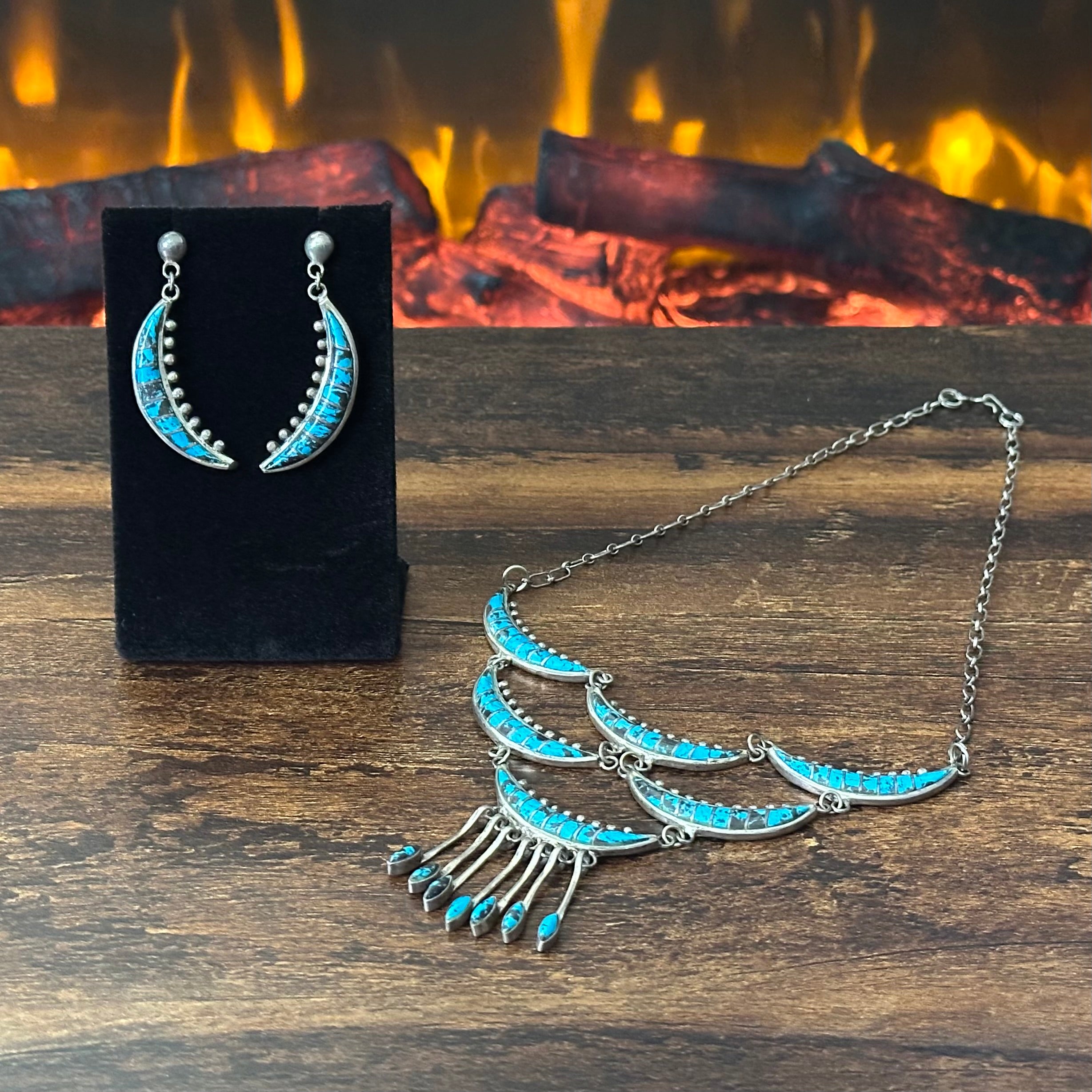 Vintage Turquoise Sterling Crescent Inlay Statement Necklace Earrings Set