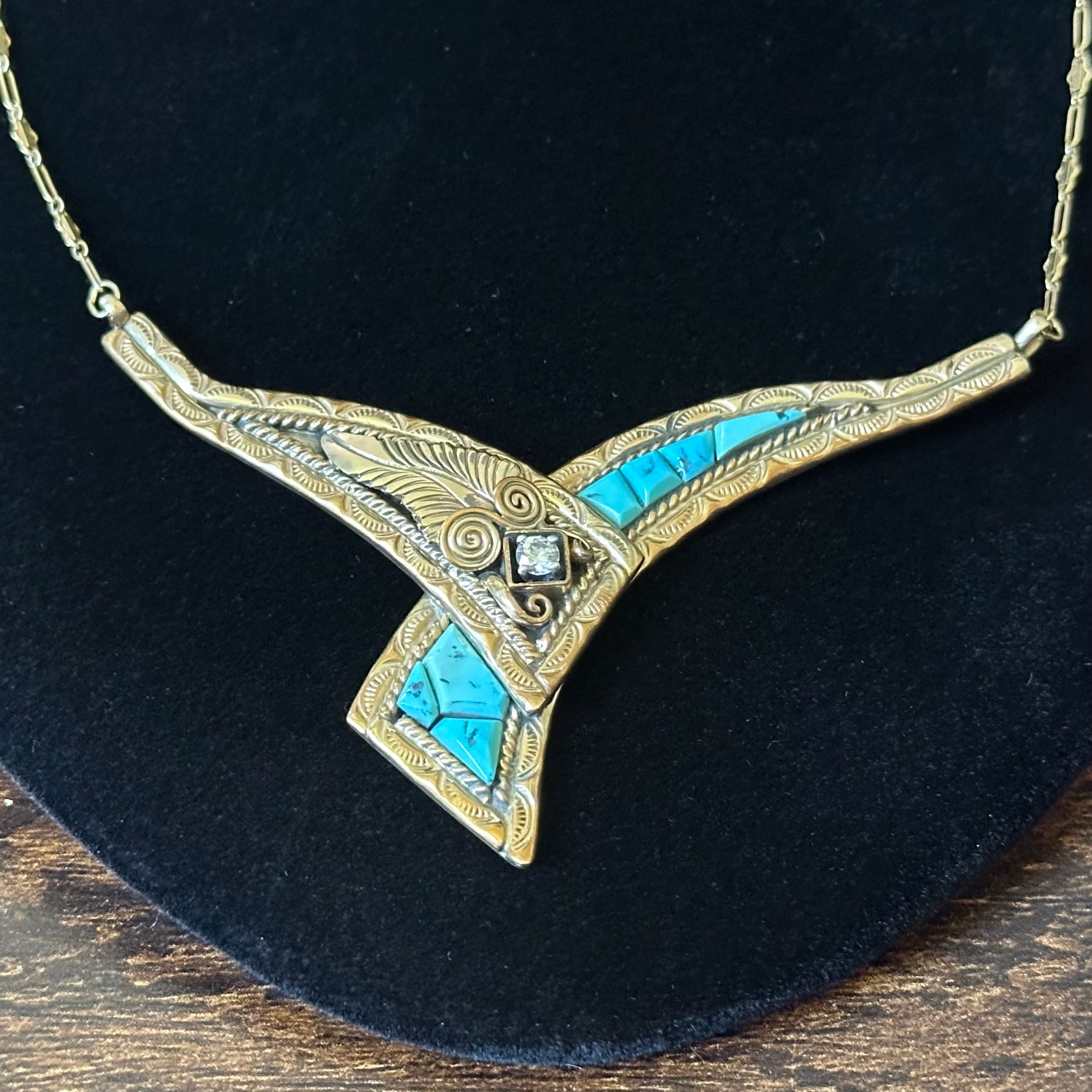 Silver Ray Turquoise Gold Over Sterling Ornate Hand Stamped Inlay Necklace