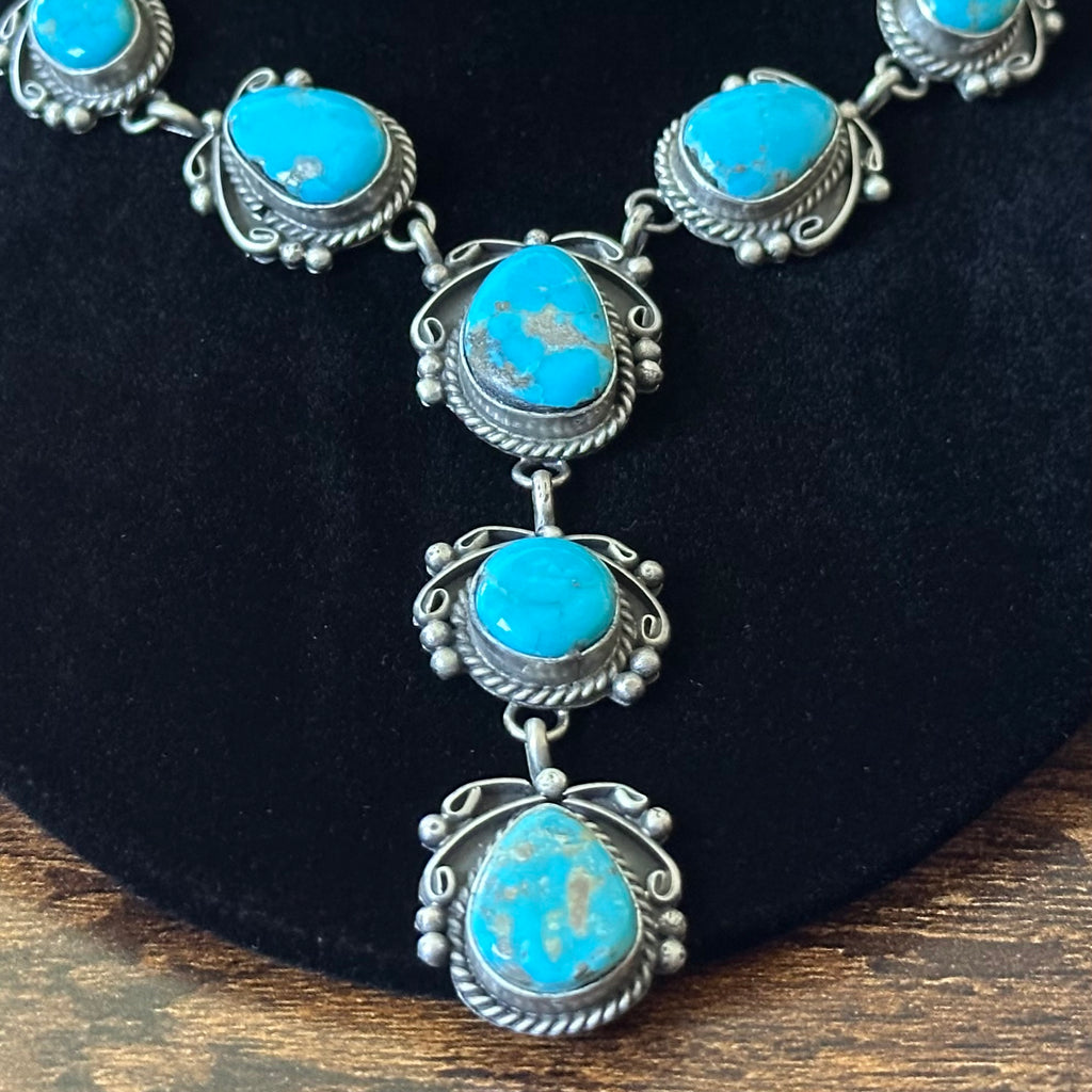 Navajo Freda Martinez 9 Stone Kingman Turquoise Sterling Twist Wire Raindrop Lariat Necklace Earrings Set