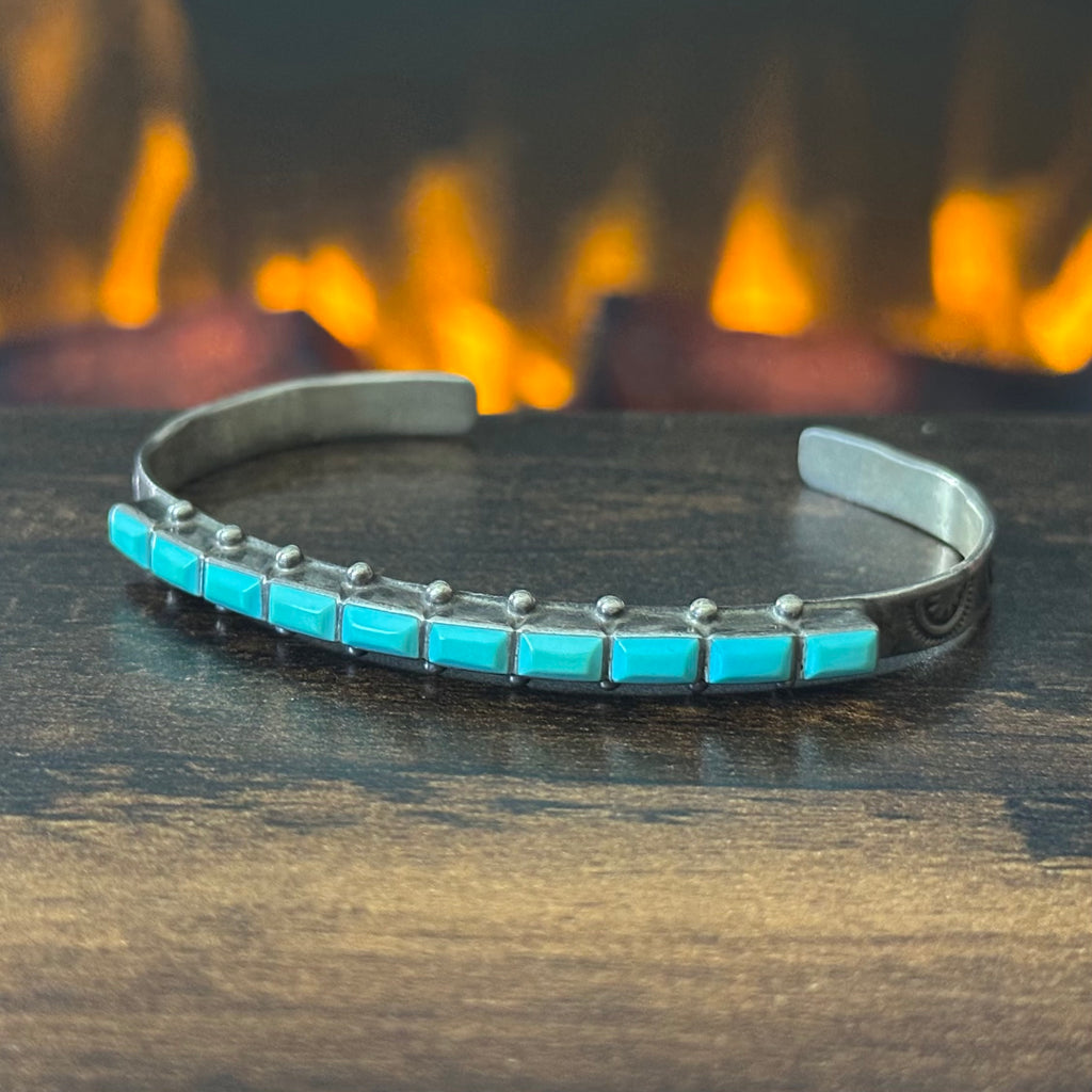 Zuni Ernest & Vivnita Bewanika Turquoise 10 Stone Sterling Hand Stamped Stacker Cuff