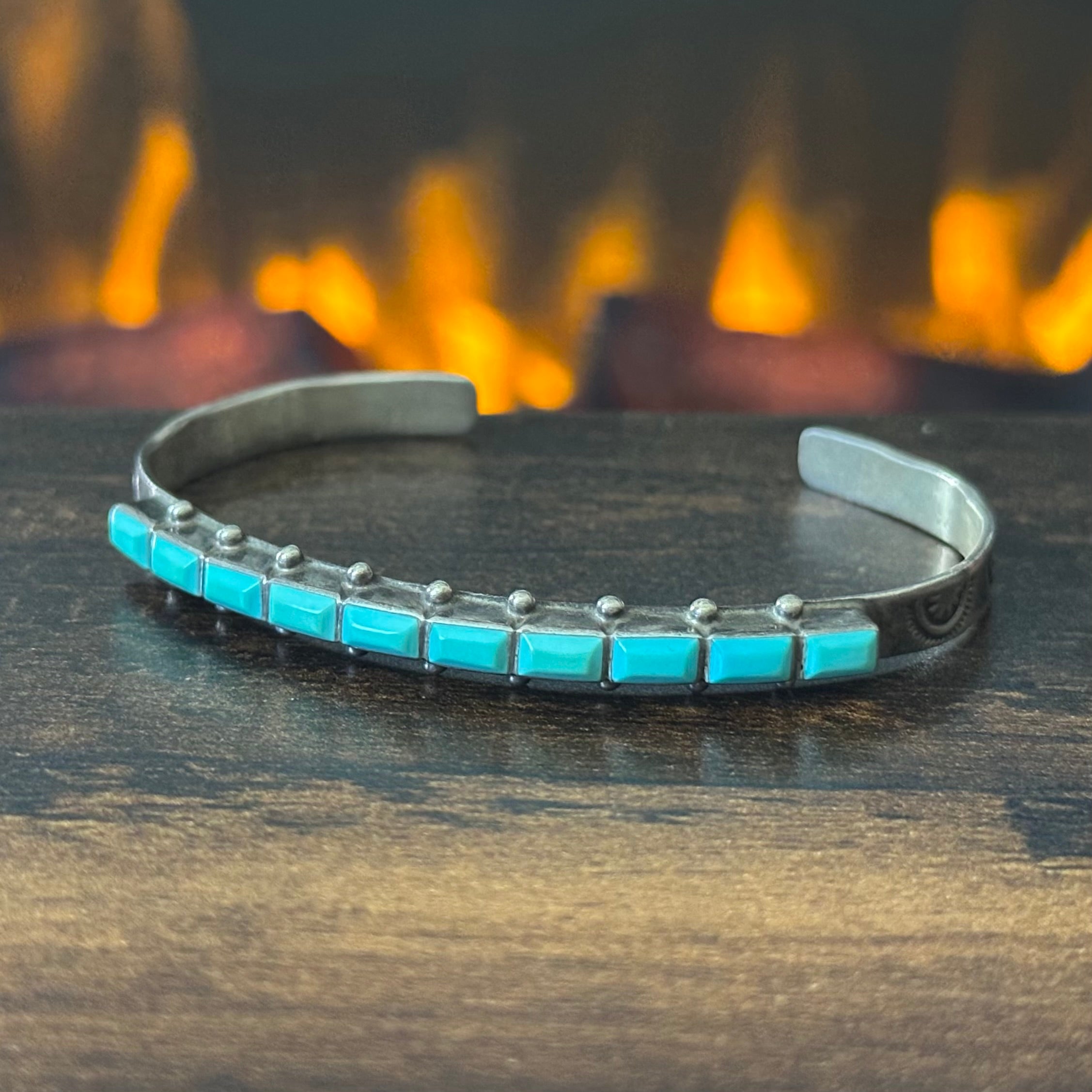 Zuni Ernest & Vivnita Bewanika Turquoise 10 Stone Sterling Hand Stamped Stacker Cuff