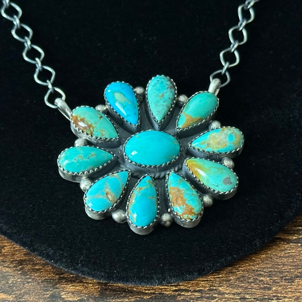 Navajo Debra Smith Kingman Turquoise 11 Stone Sterling Cluster Pendant Necklace