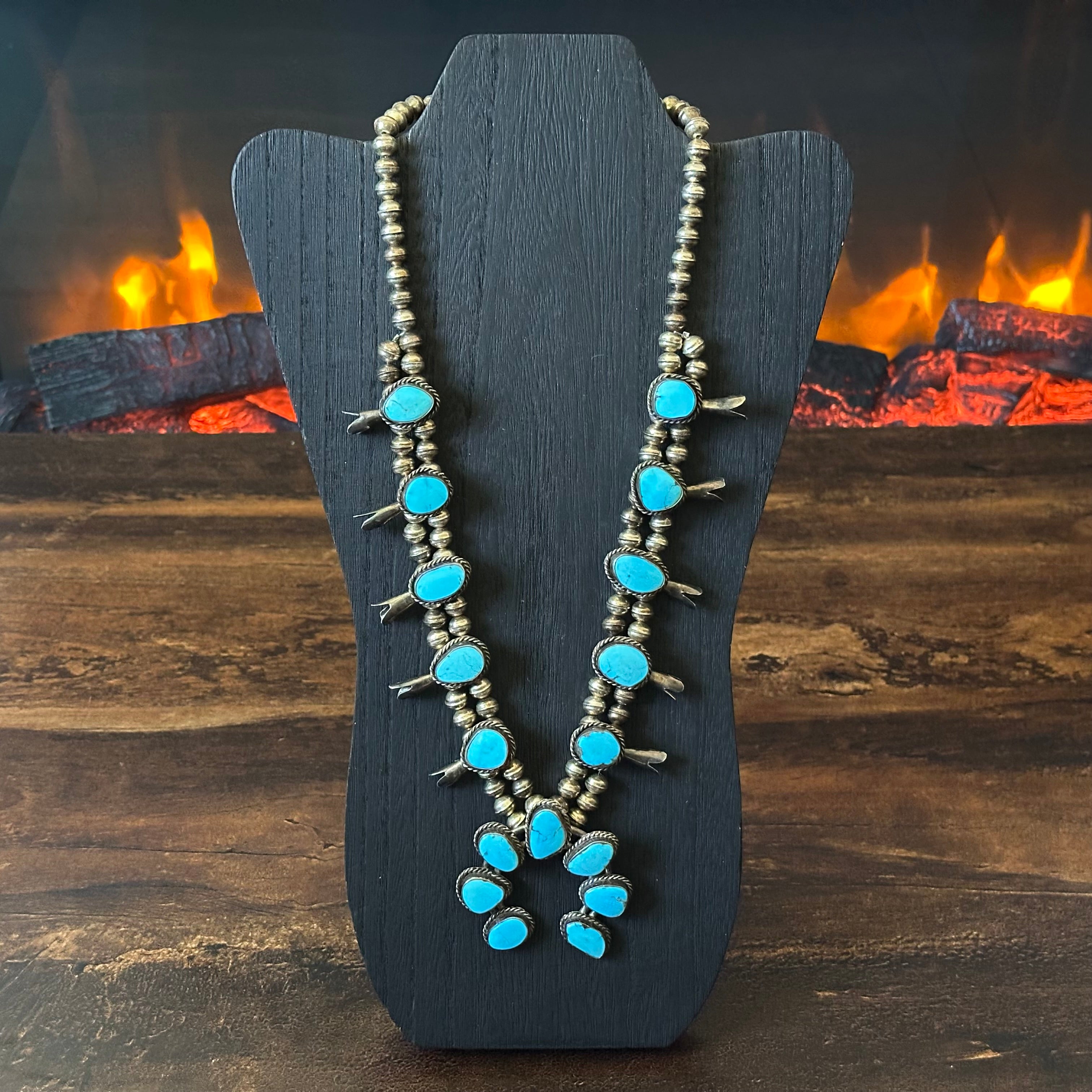 1970-80s Turquoise 17 Stone Sterling Twist Wire Bezel Squash Blossom