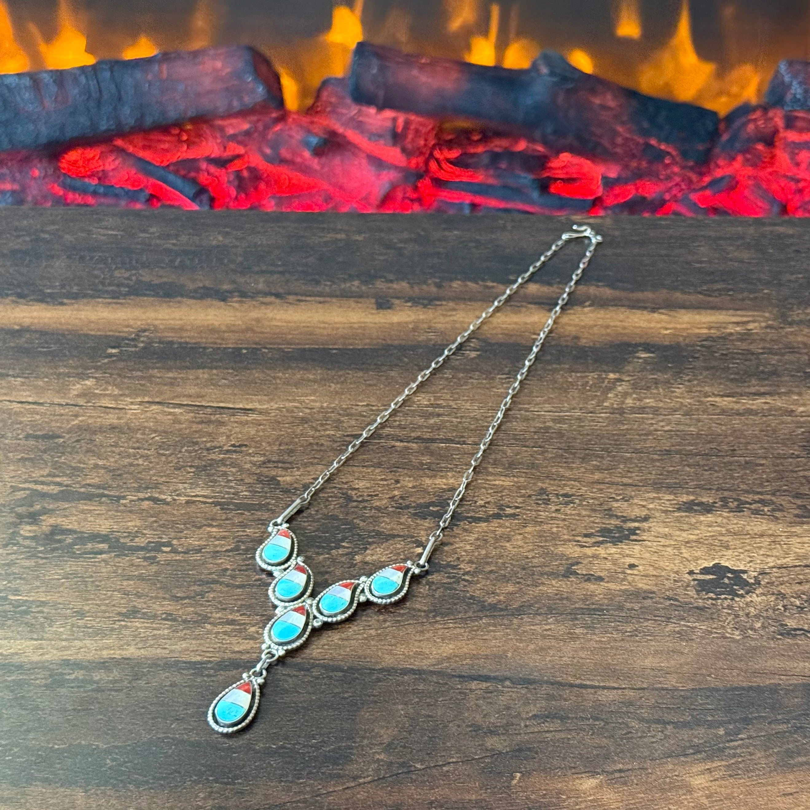 Zuni Lowsayatee 1990s Turquoise Mother of Pearl Red Coral Sterling Inlay Teardrop Necklace