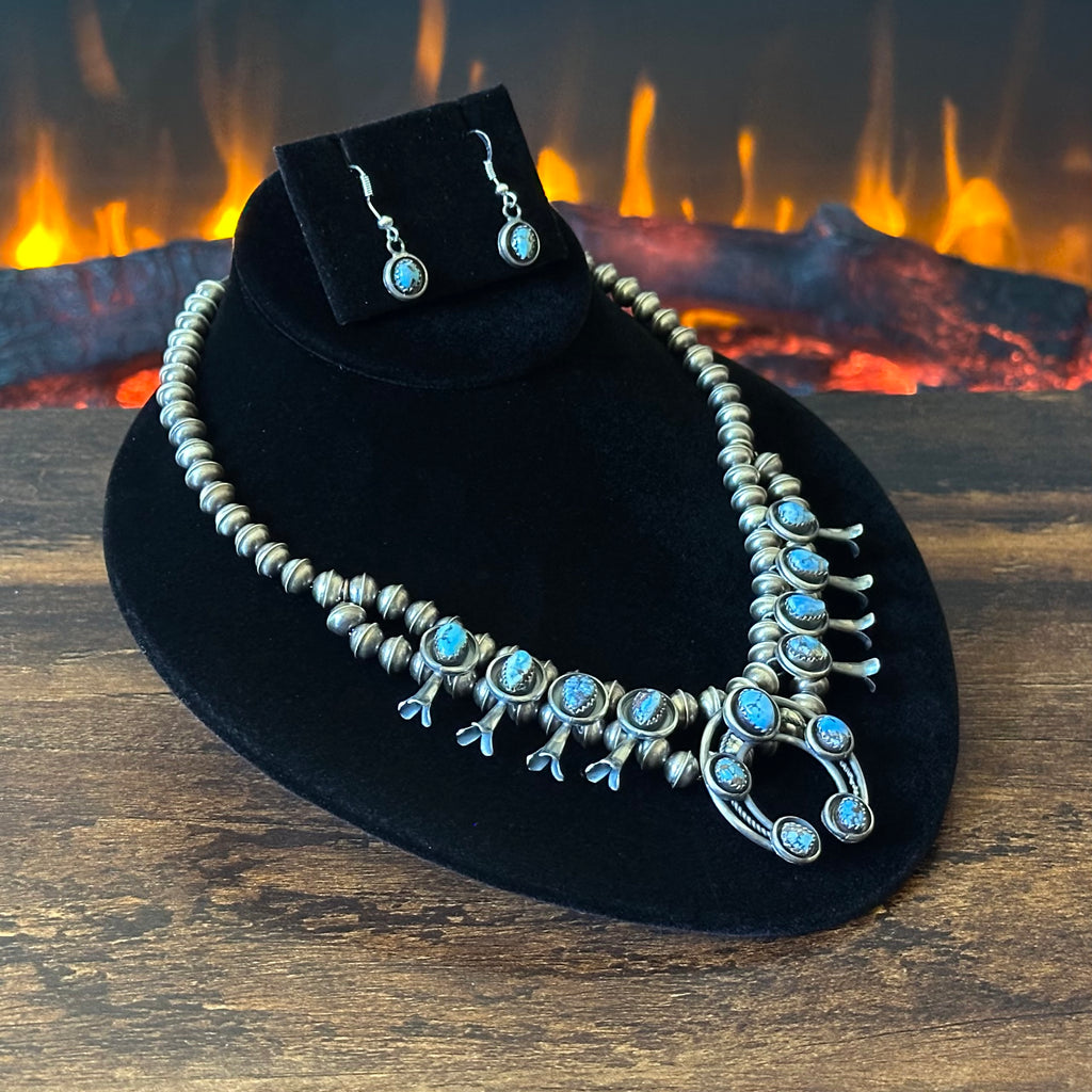 Navajo Phil & Lenora Garcia Golden Hills Turquoise 13 Stone Oxidized Sterling Squash Blossom Earrings Set