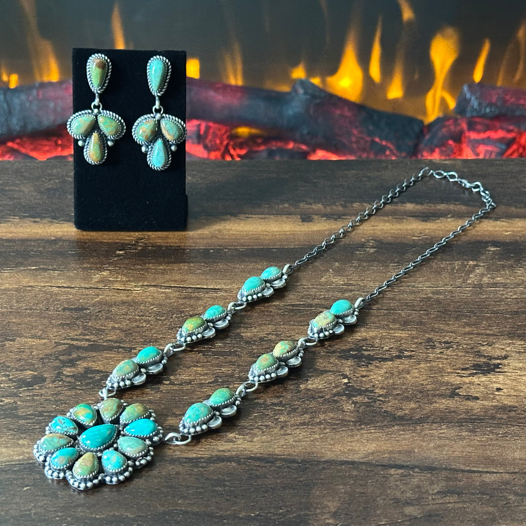 Navajo Pansy Johnson Royston Turquoise 23 Stone Sterling Hand Stamped Cluster Statement Necklace Earrings Set