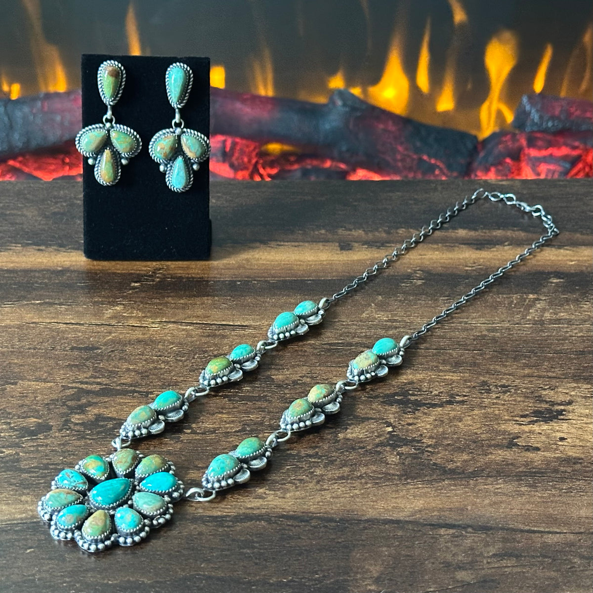 Navajo Pansy Johnson Royston Turquoise 23 Stone Sterling Hand Stamped Cluster Statement Necklace Earrings Set