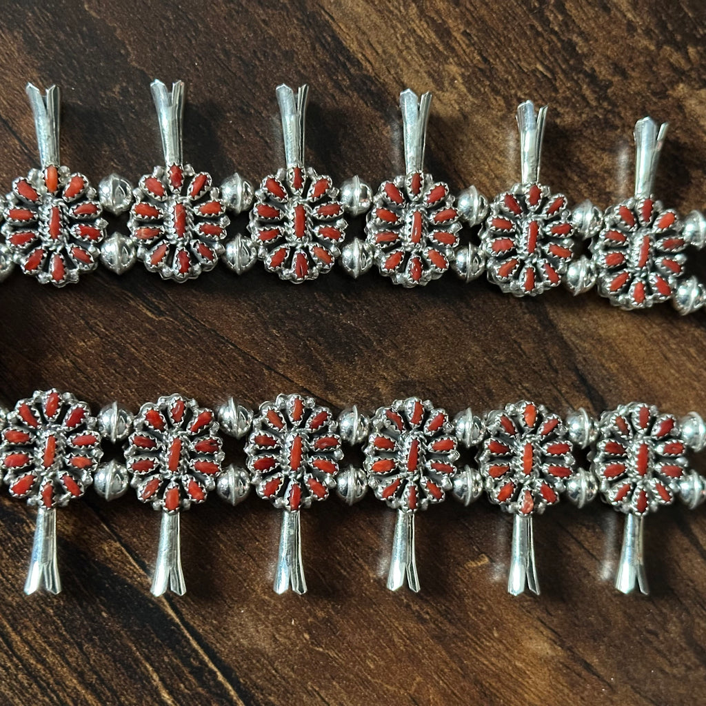 Navajo Elton James Reversible Turquoise Red Coral 376 Stone Sterling Petite Point Cluster Squash Blossom Necklace Earrings Set