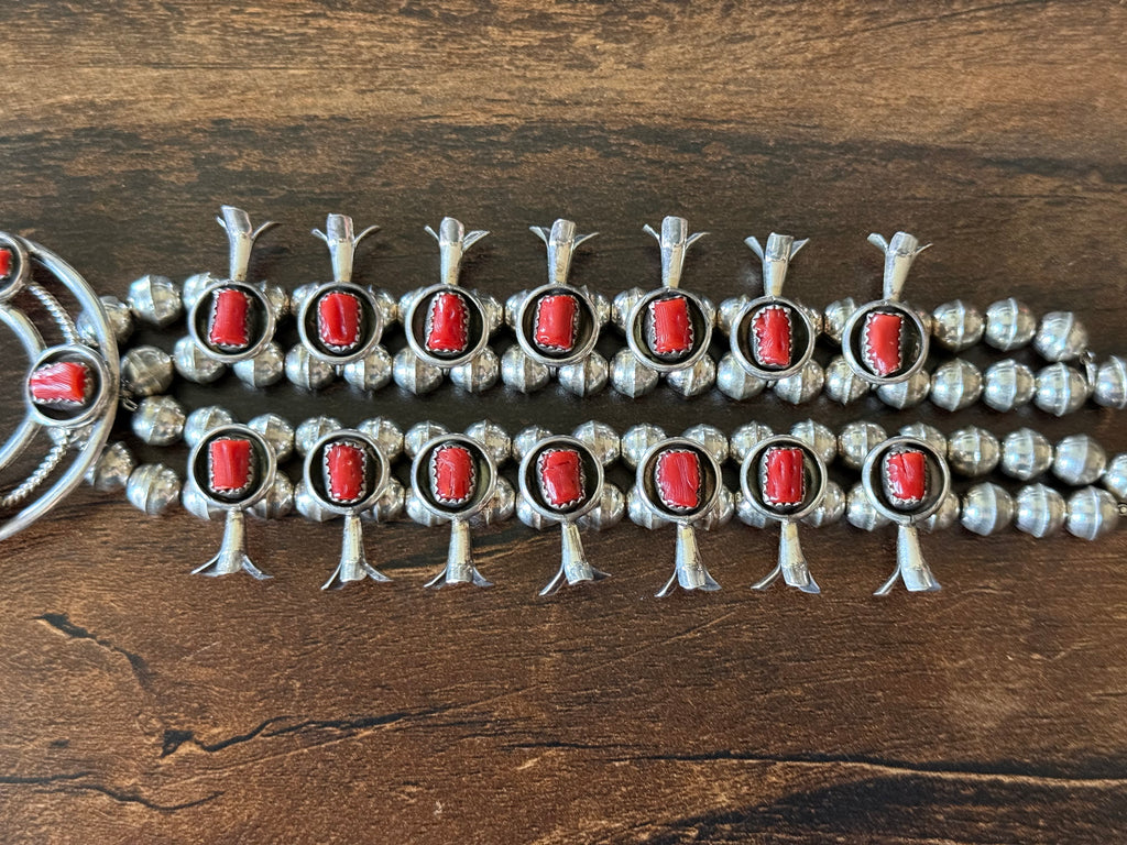 Navajo Phil & Lenora Garcia Red Coral 19 Stone Sterling Squash Blossom Necklace Earrings Set