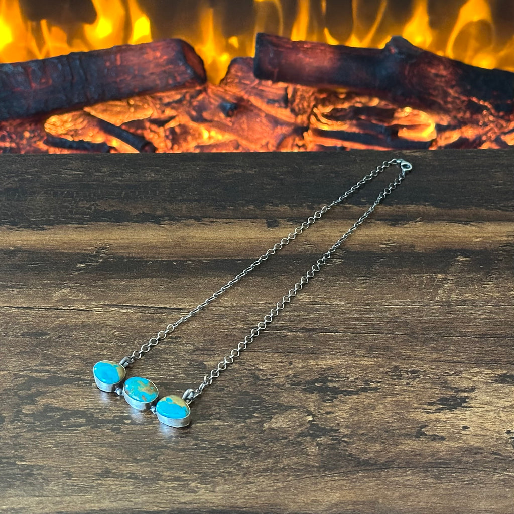 Navajo Robert Martinez Kingman Turquoise 3 Stone Sterling Bar Necklace