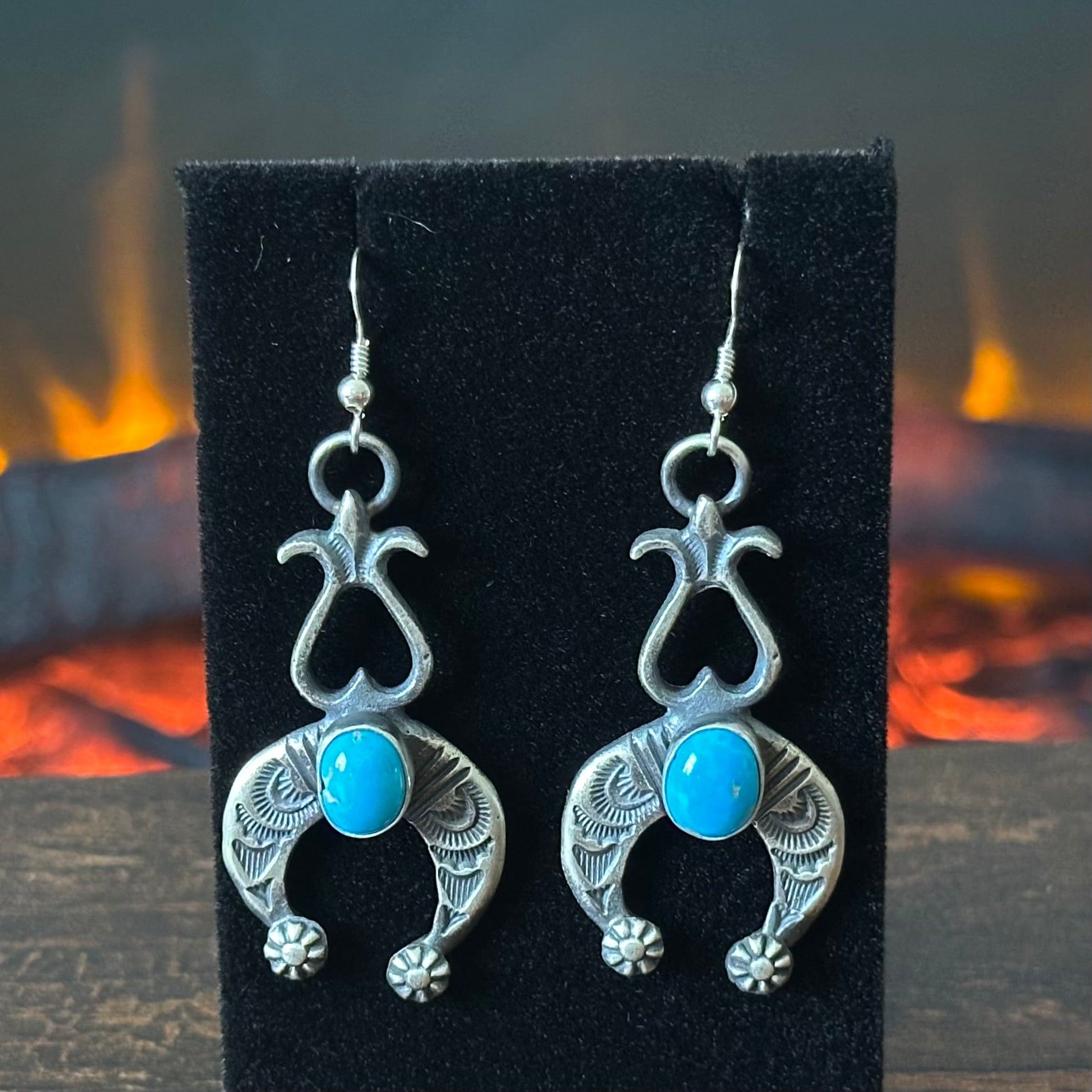 Navajo Kevin Billah Turquoise Hand Stamped Naja Dangle Earrings