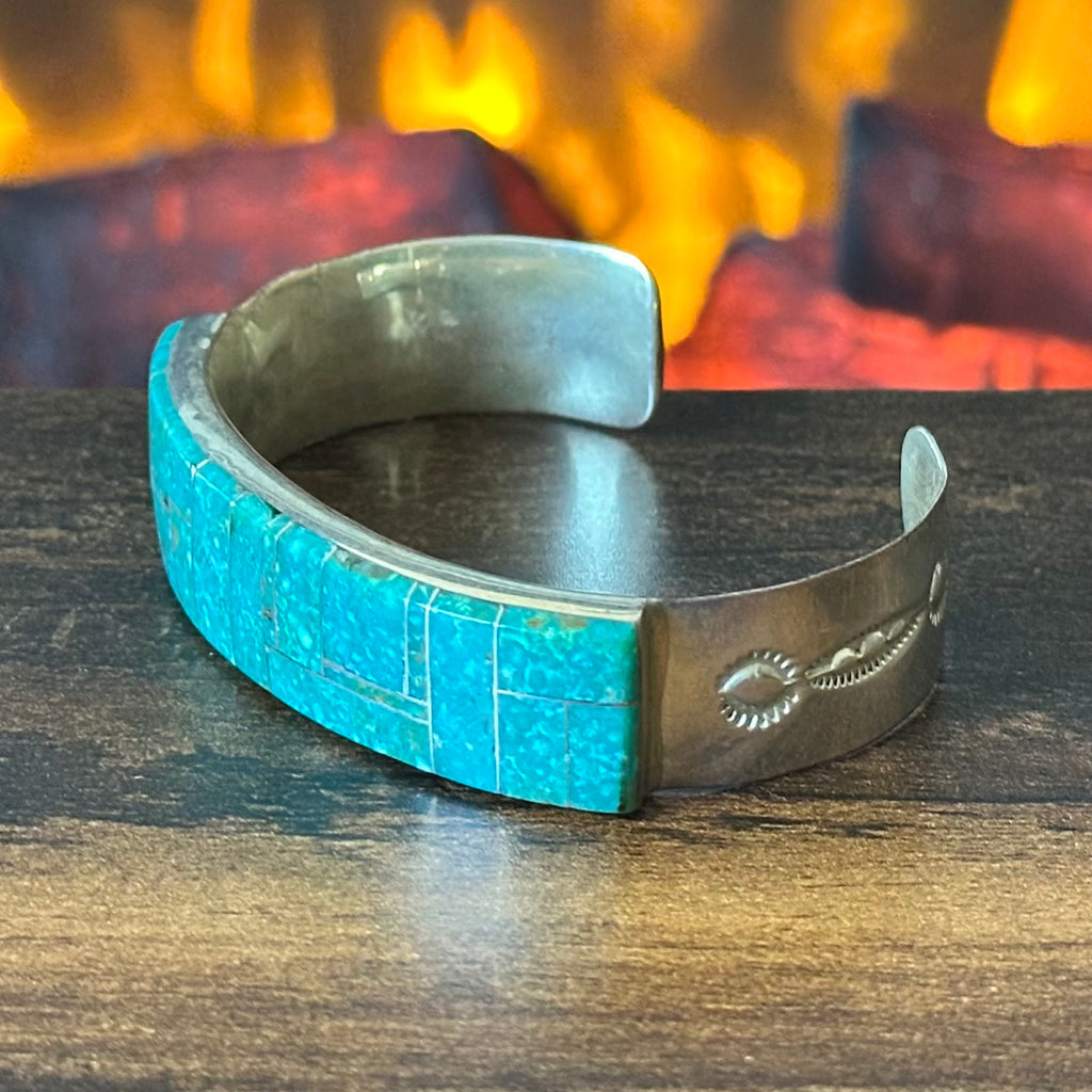Navajo Patrick & Laura Lincoln Turquoise Sterling Hand Stamped Inlay Cuff